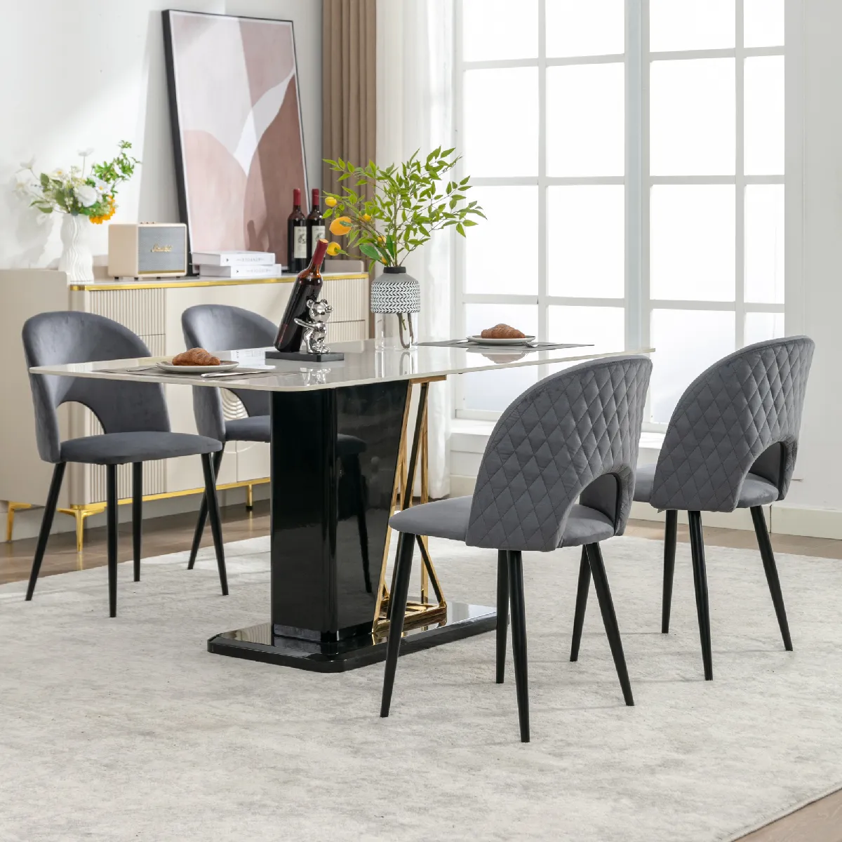 Lot de 4 chaises de salle à manger rembourrées en velours avec pieds réglables gris