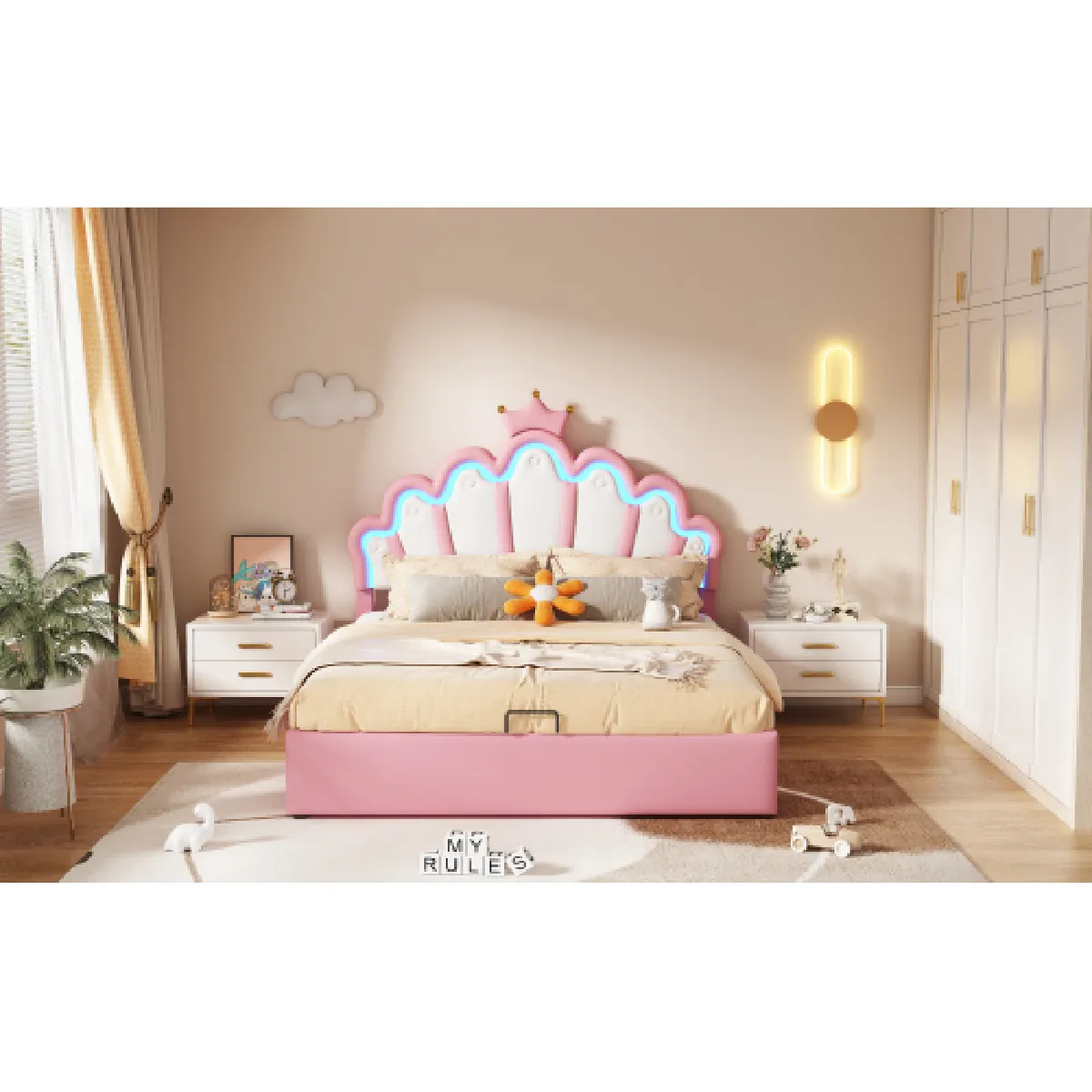 Lit Double Rembourré Lit Princesse Avec LED Réglable Lit Enfant 140 X 200 Cm - vue 2