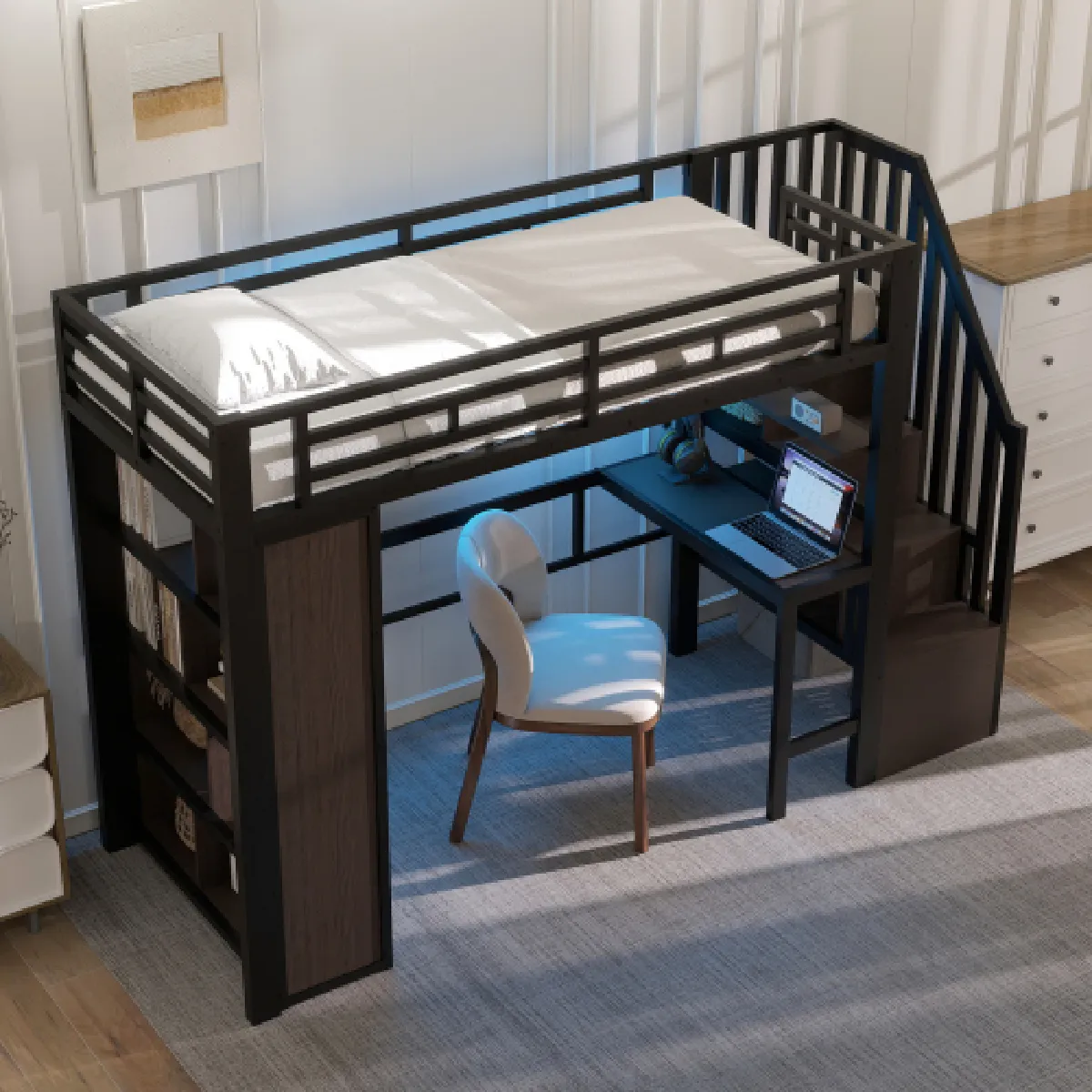 Lit 90 X 200 Cm lit Mezzanine En Fer avec Bureau led - vue 2