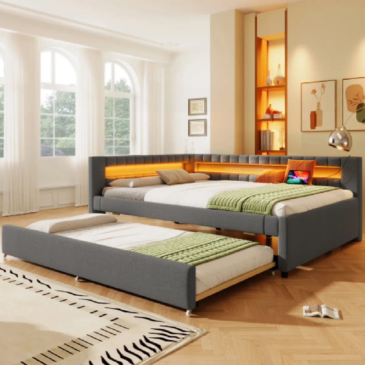 Lit De Jour canapé lit 140 X 200 Cm lit Gigogne LED usb + Type c en Lin