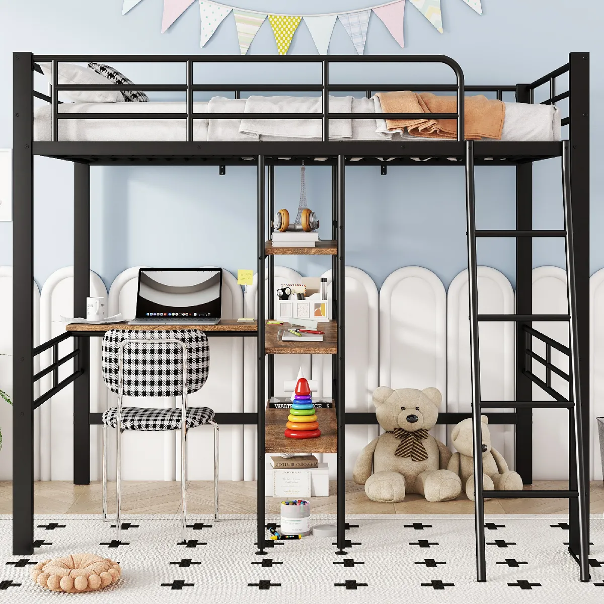 Lit Mezzanine 90*200cm lit Avec Bureau plusieurs Étagères rampe échelle cadre En Fer - vue 2