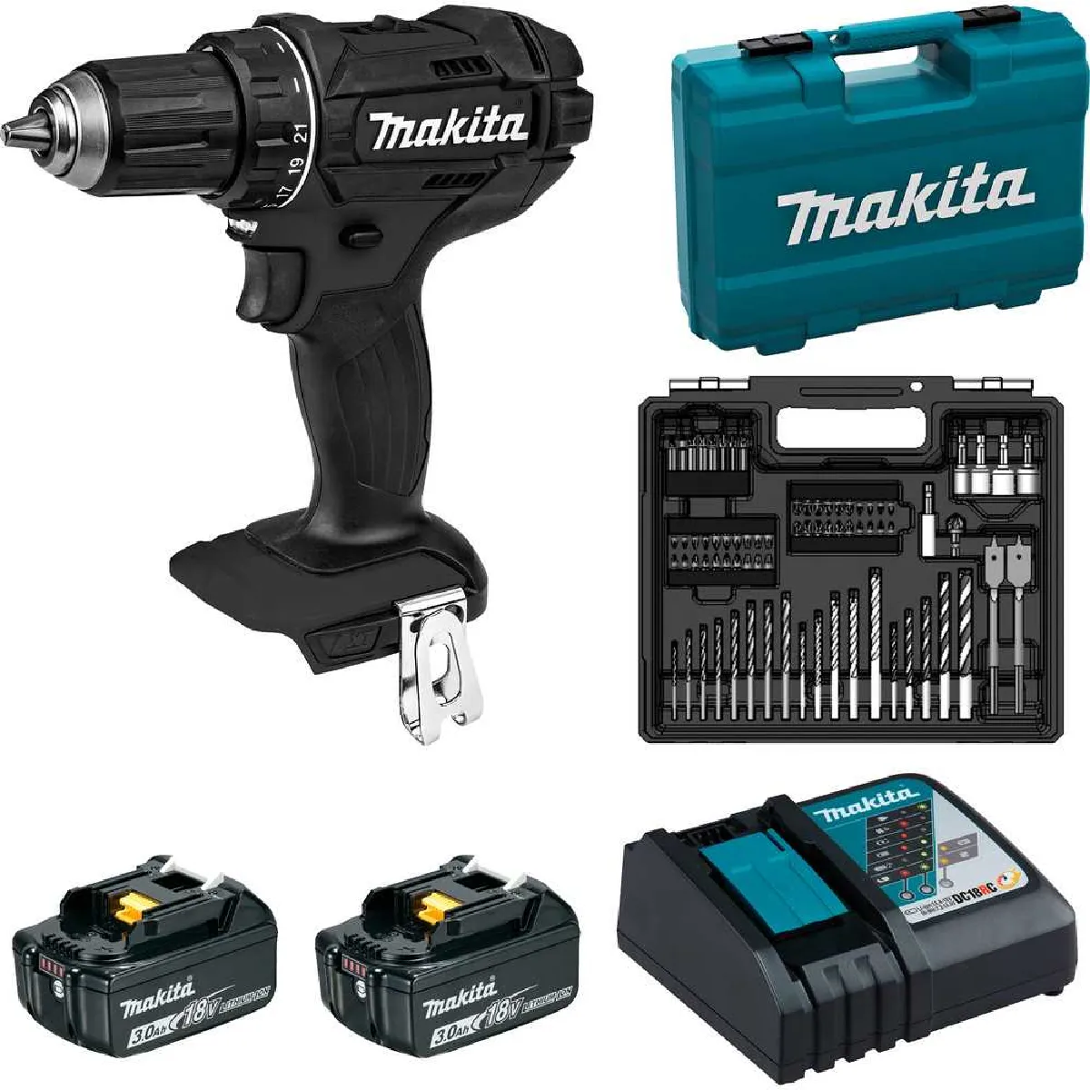 Perceuse visseuse 18V avec accessoires + 2 batteries 3Ah + chargeur rapide + coffret MAKITA DDF482FX1B - vue 3