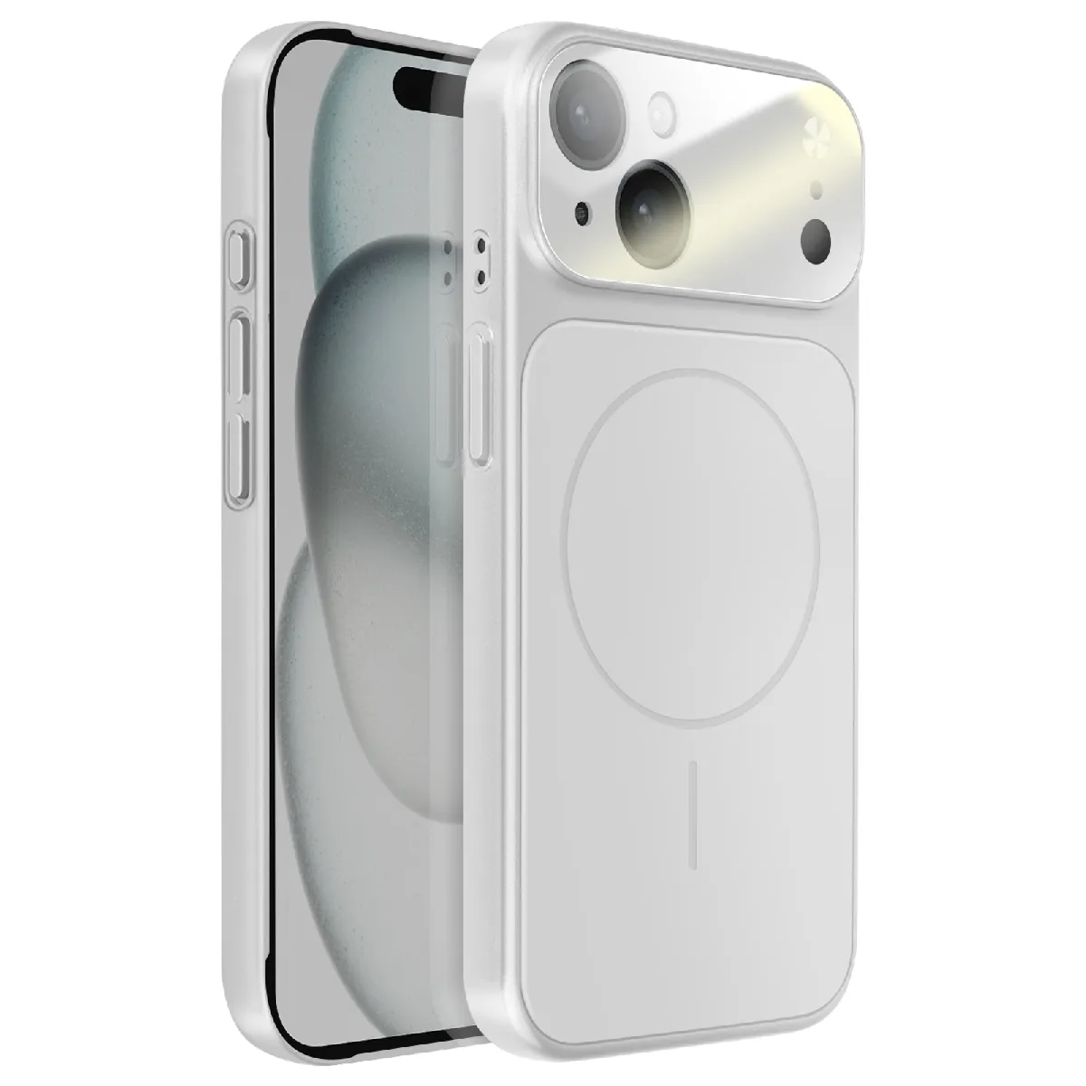Avizar Argent Coque Magsafe Pour Iphone 15 Rigide Avec Verre Protection Caméra