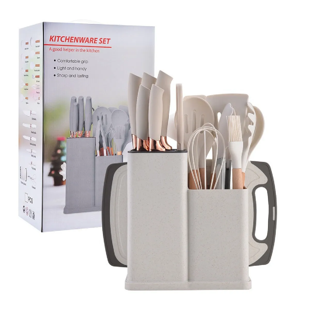 Ensemble 19pcs VURAHOME cuisine silicone antiadhésif + rangement + couteaux - Blanc