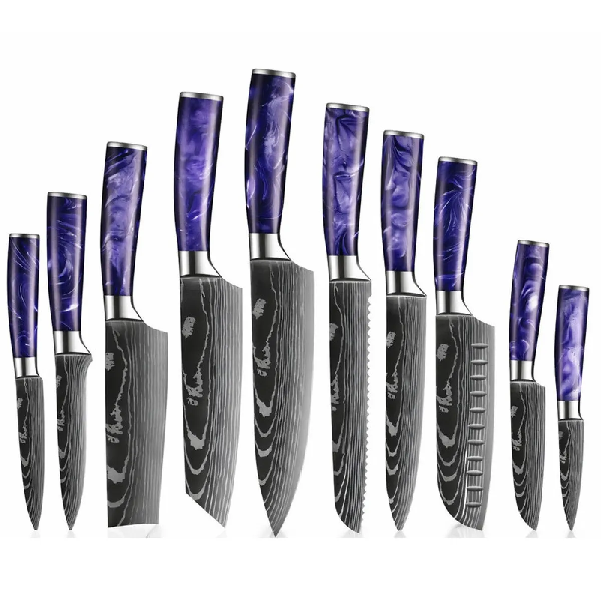 Set couteaux cuisine pro VURAHOME 10p acier inox 4Cr13 manches résine + étuis (Violet)