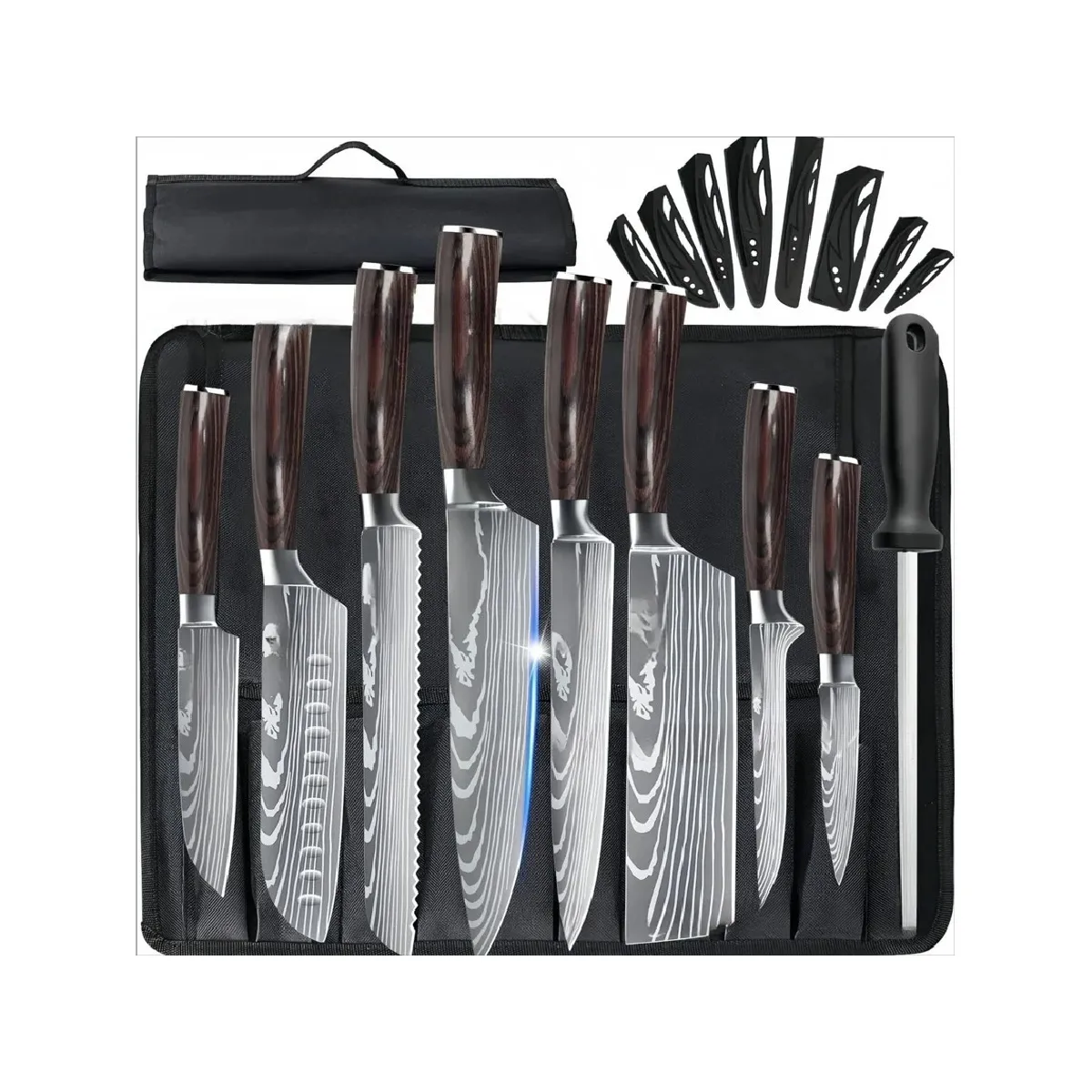 Set couteaux cuisine pro VURAHOME acier inox 4Cr13 manche bois+aiguiseur+sac Oxford 11p
