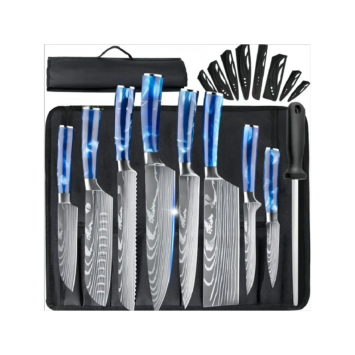 Set couteaux cuisine pro VURAHOME acier inox manche résine aiguiseur sac Oxford 11p (Bleu)