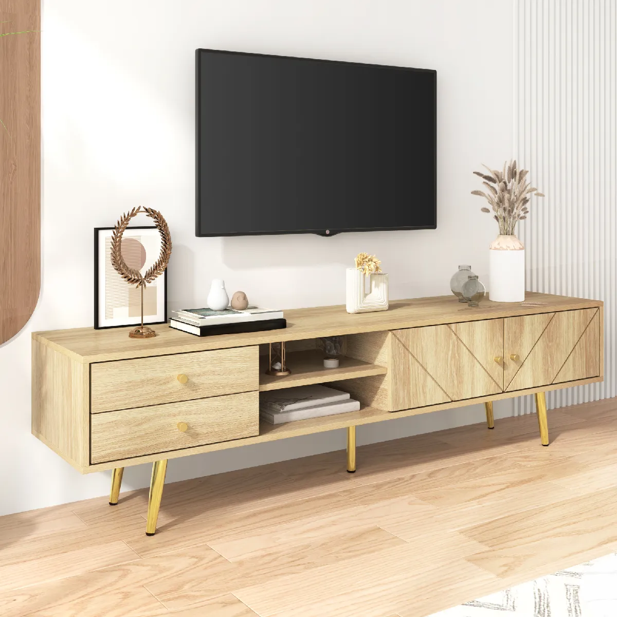 Meuble TV couleur bois 160x36x42 cm, 2 niches ouvertes