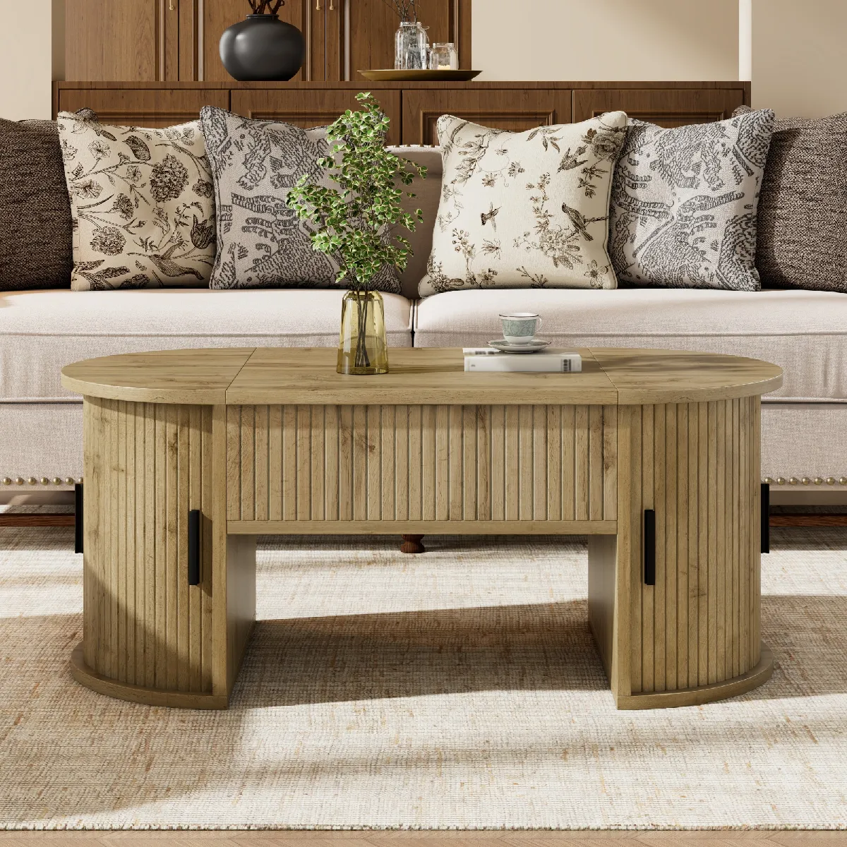 Meilleurs prix pour PINGGO Table basse réglable en hauteur étagères rangement caché portes coulissantes salon