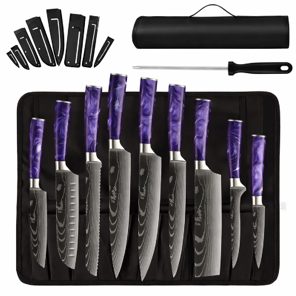 Set couteaux cuisine VURAHOME acier inox manche résine aiguiseur sac Oxford 11p (Violet)