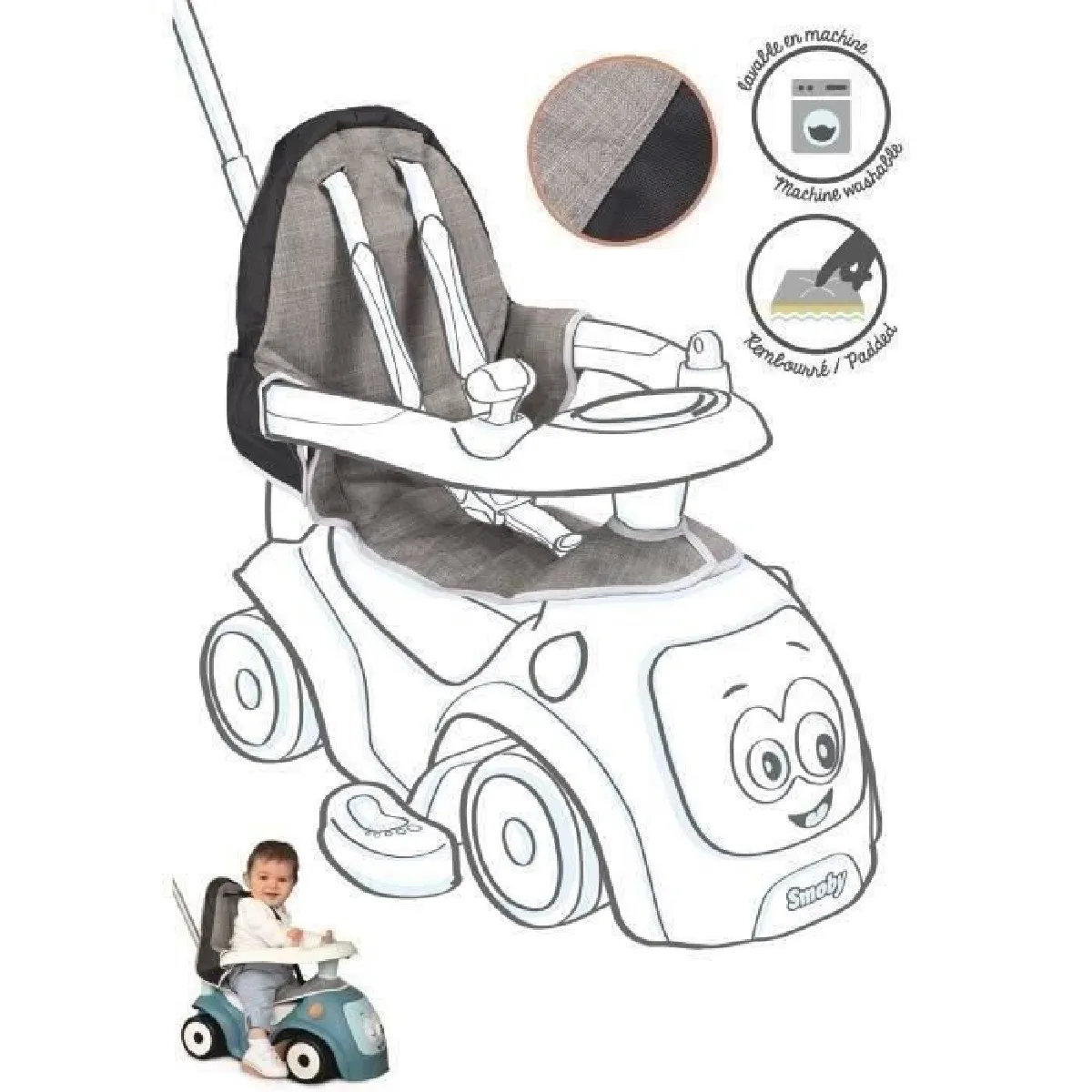 Smoby Housse De Siege Pour Porteur Maestro - Confortable Et Rembourrée - Pour Enfant A Partir De 6 Mois Gris pour garçon - vue 4