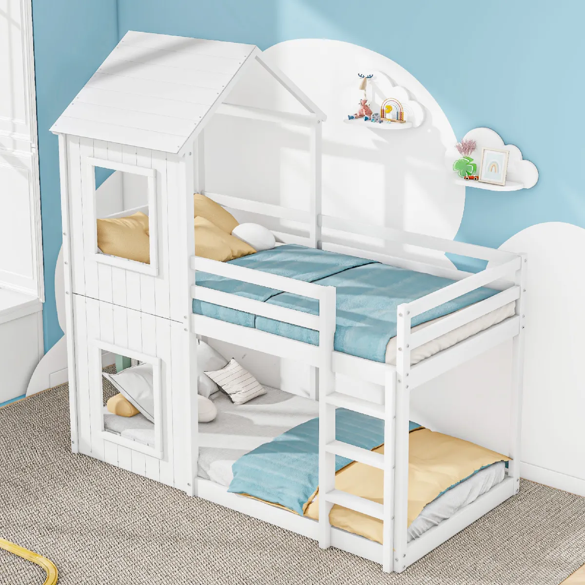 Lit enfant 90x200 cm, avec échelle et baldaquin, style cabane, en bois, blanc