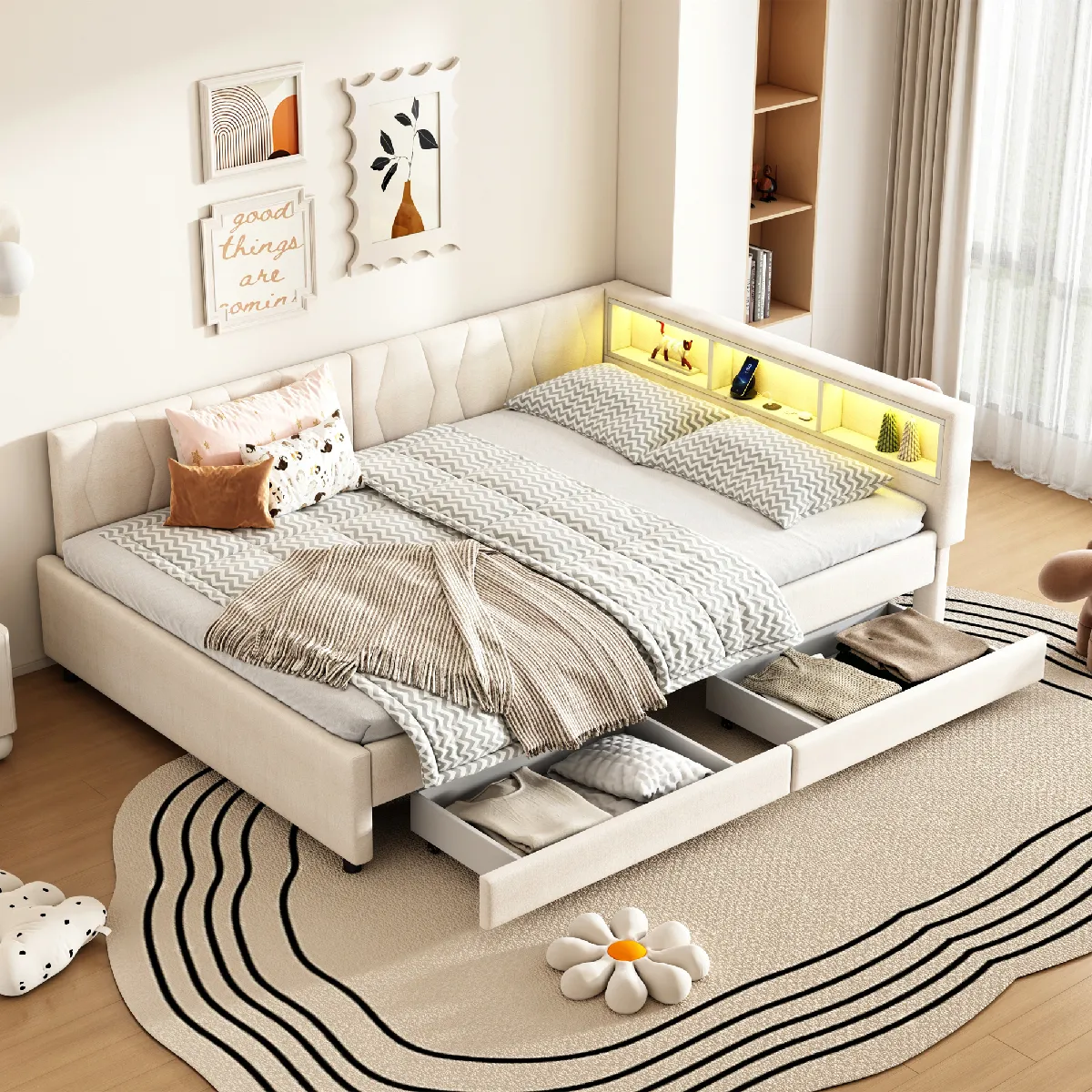 Lit adulte 140x200 cm, 2 tiroirs, ports USB et Type-C, avec lattes, en tissu, beige