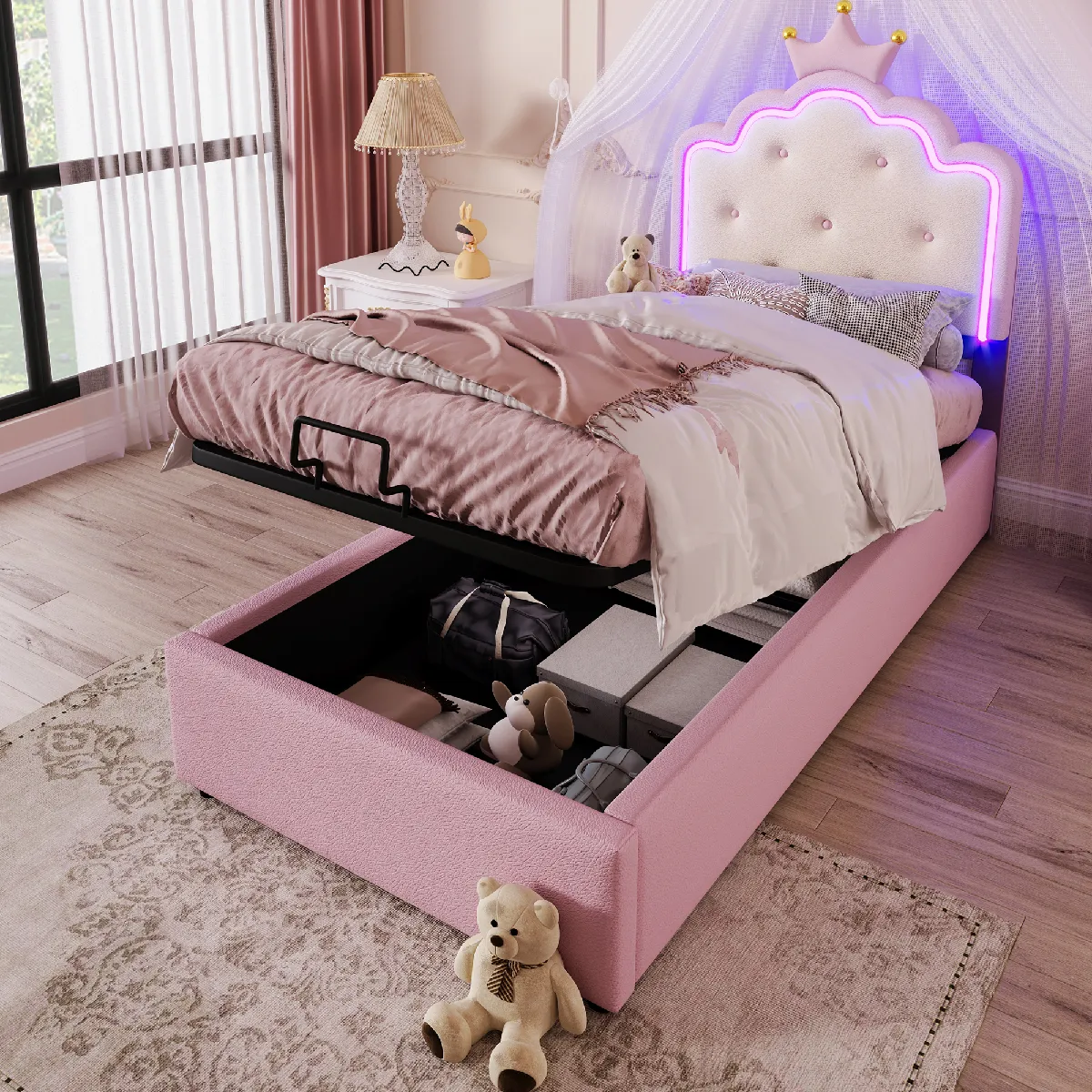Lit enfant 90x200 cm, coffre de rangement et LED, avec sommier à lattes, en PU, rose