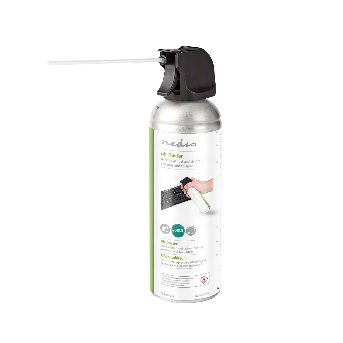 Nedis Noir/Argent Spray Dépoussiérant 405Ml À Air Comprimé Avec Paille De Précision