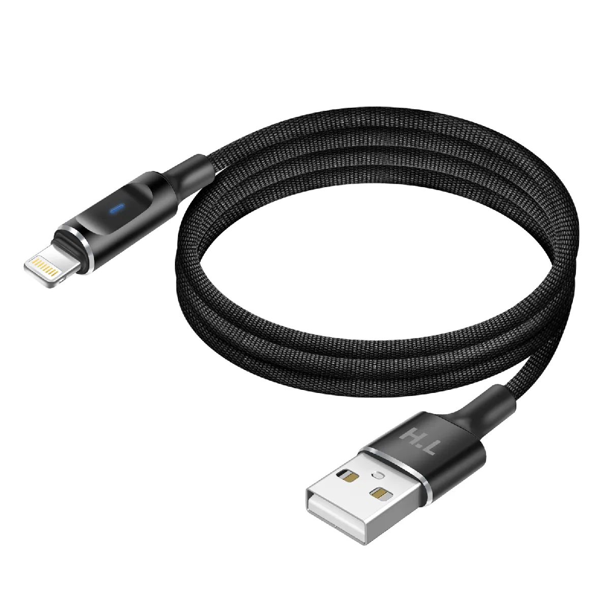 Avizar Noir Câble Usb-A Vers Lightning Avec Led Et Charge Rapide 2,4A Nylon Tressé 1,5M