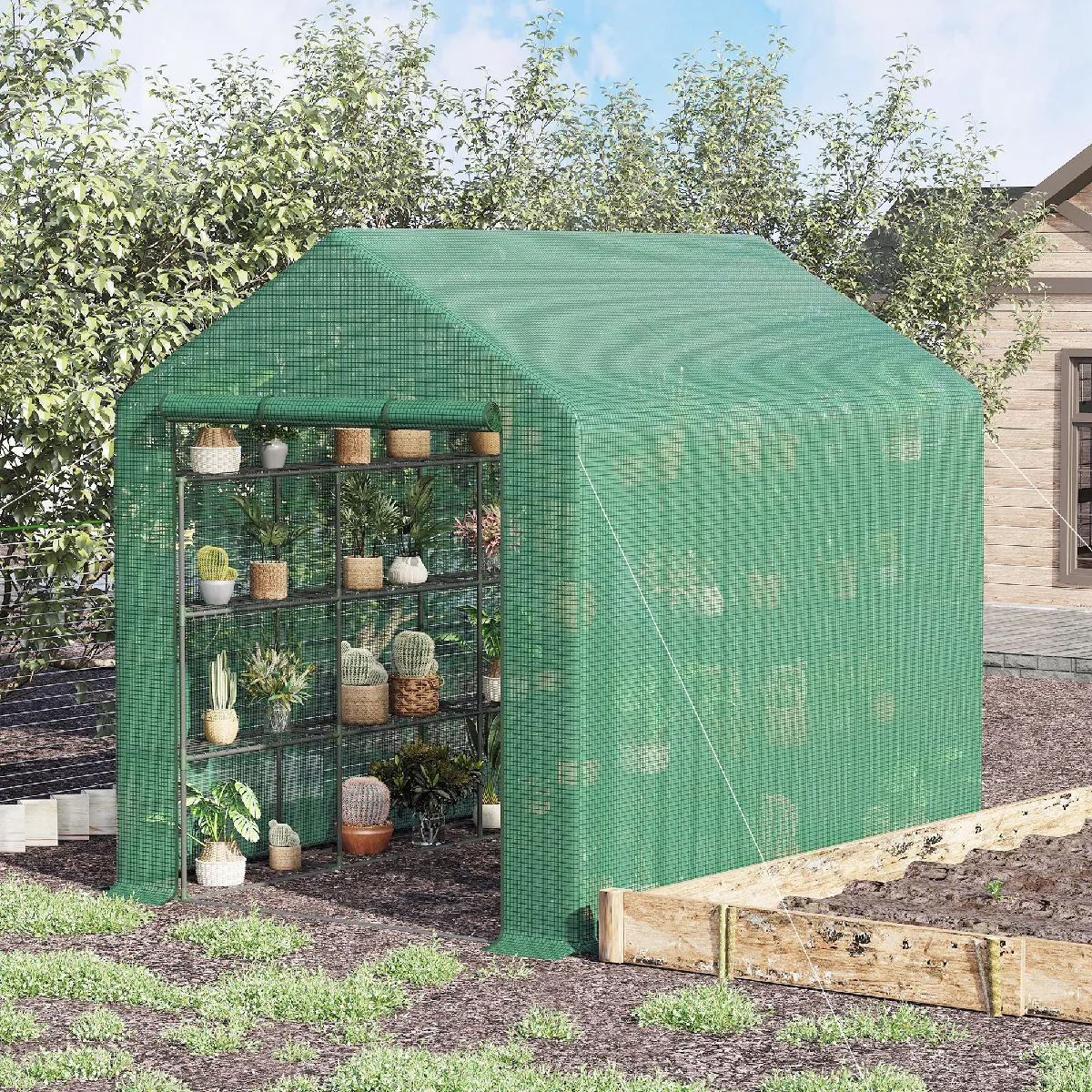 Serre de jardin avec 8 étagères, porte enroulable, structure acier et bâche PE verte