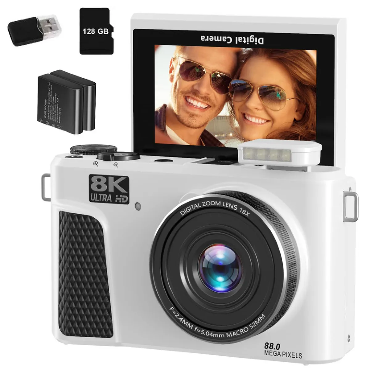 VURAHOME Appareil Photo Num&eacute;rique  WD3 8K 88MP WiFi &Eacute;cran 3"" 128Go 2 Batteries Blanc