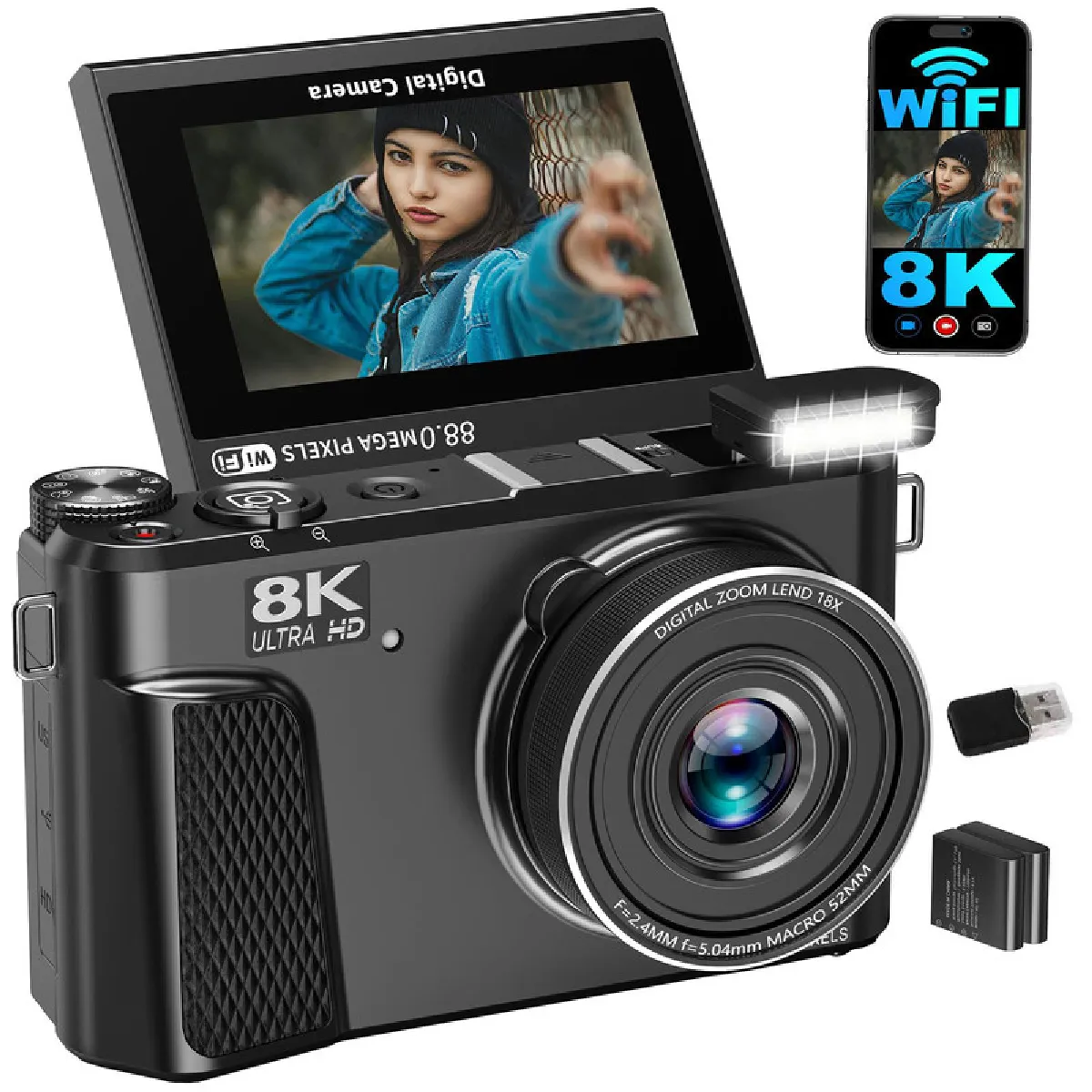 VURAHOME Appareil Photo Num&eacute;rique  WD3 8K 88MP WiFi &Eacute;cran 3"" Rotatif 180&deg; 2 Batteries Noir