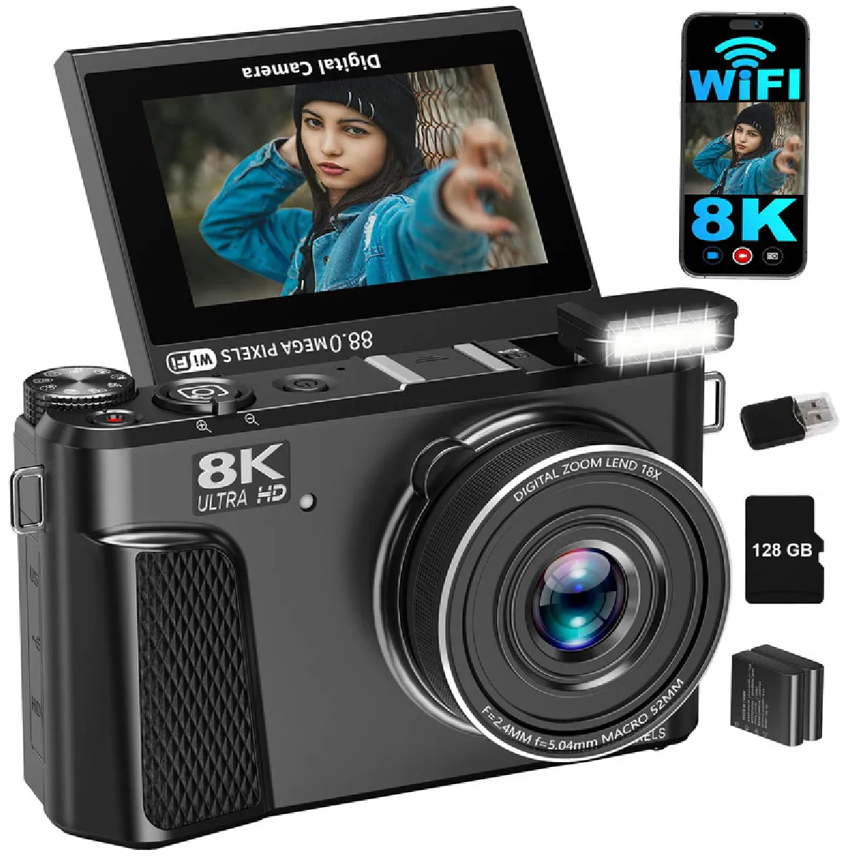 VURAHOME Appareil Photo Num&eacute;rique  WD3 8K 88MP WiFi &Eacute;cran 3"" 128Go 2 Batteries Noir