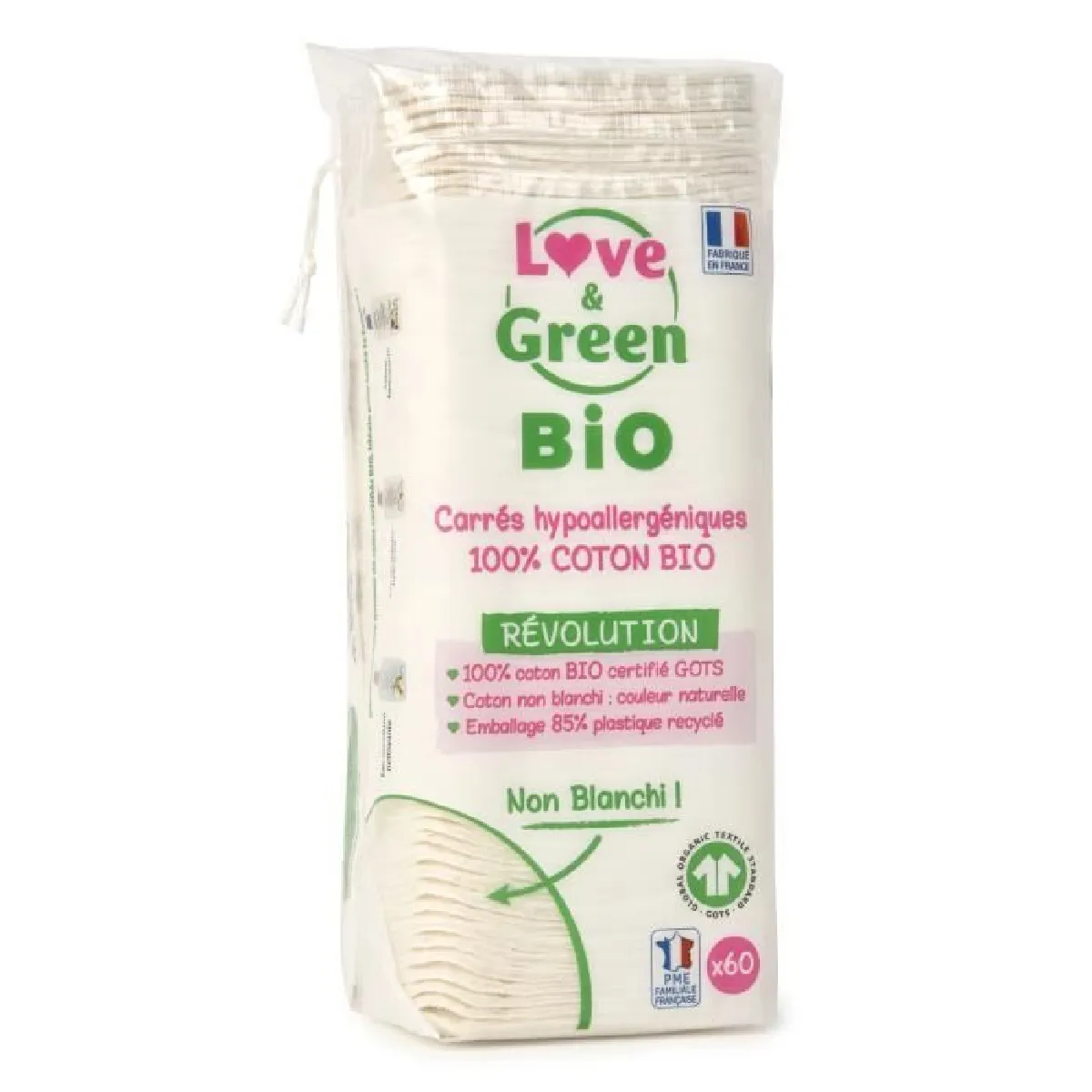 Love and Green ® 70 maxi carrés hypoallergéniques - 11 x 9 cm - 100% Coton Bio