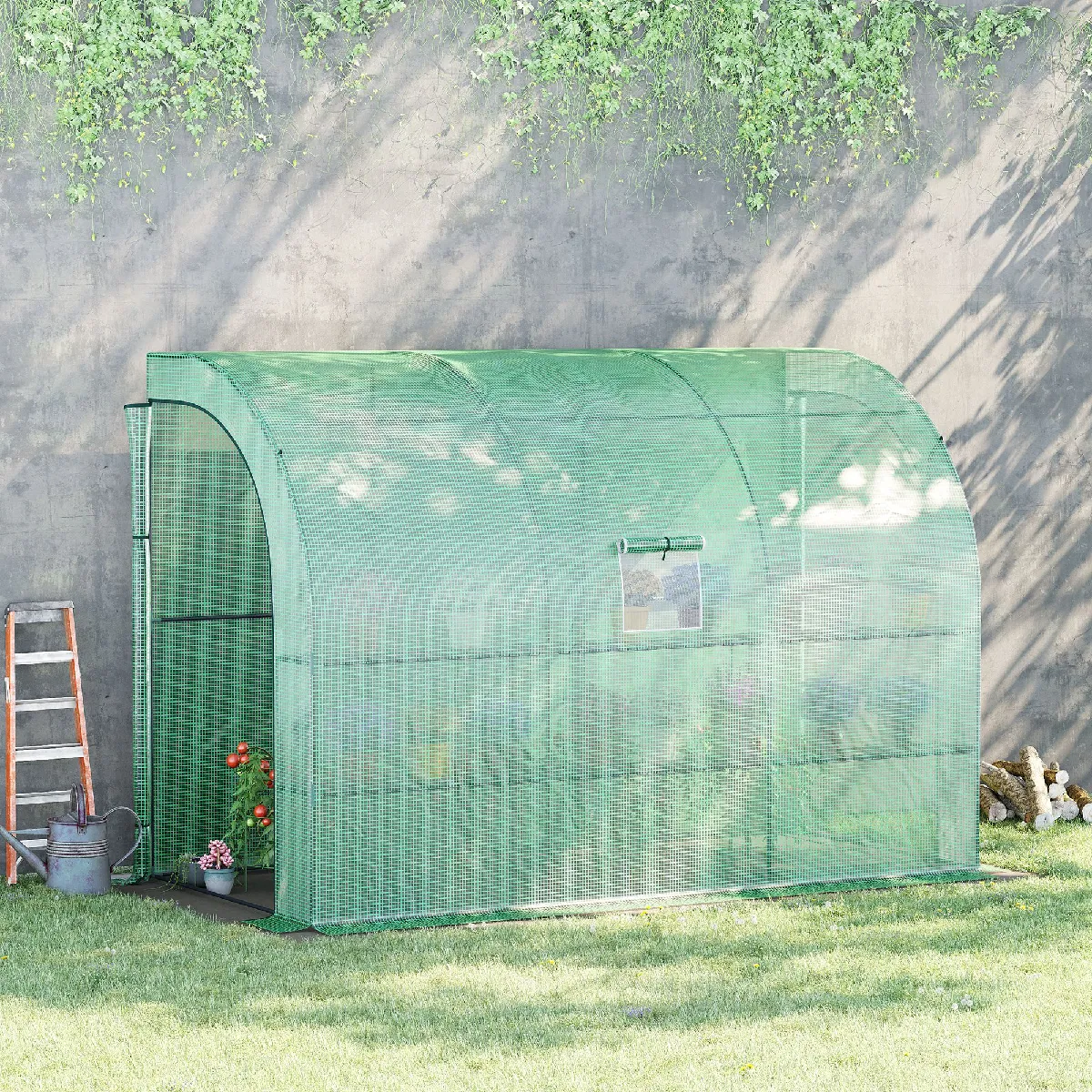 Serre de jardin adossée avec étagères 300 x 150 x 213 cm verte
