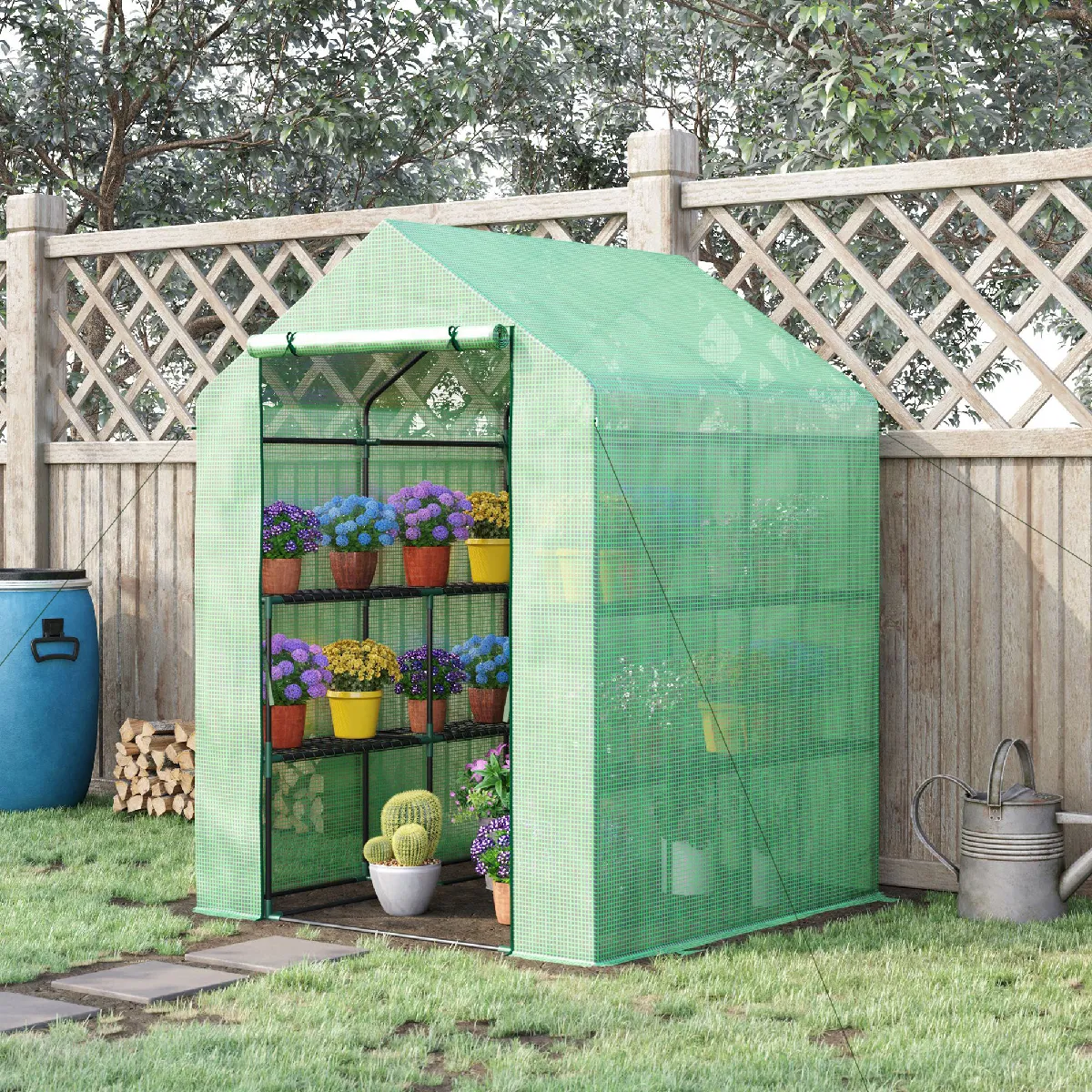 Serre de jardin tunnel verte avec 8 étagères, porte enroulable, structure en acier