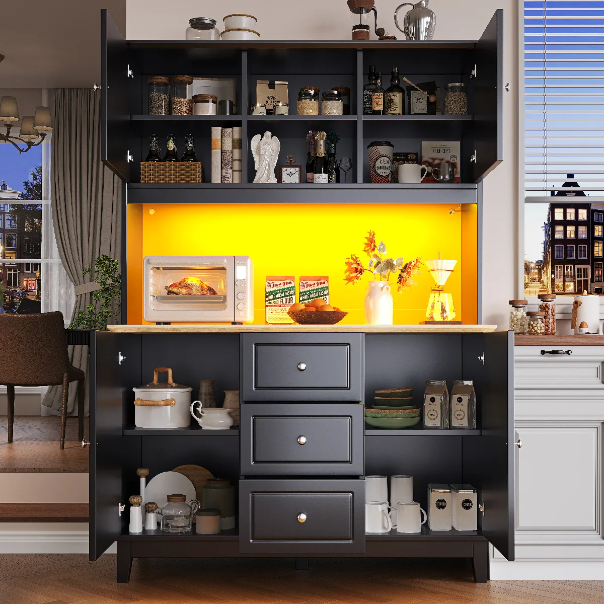 Buffet De Cuisine LED Musical dispositif Anti basculement étagères Réglables