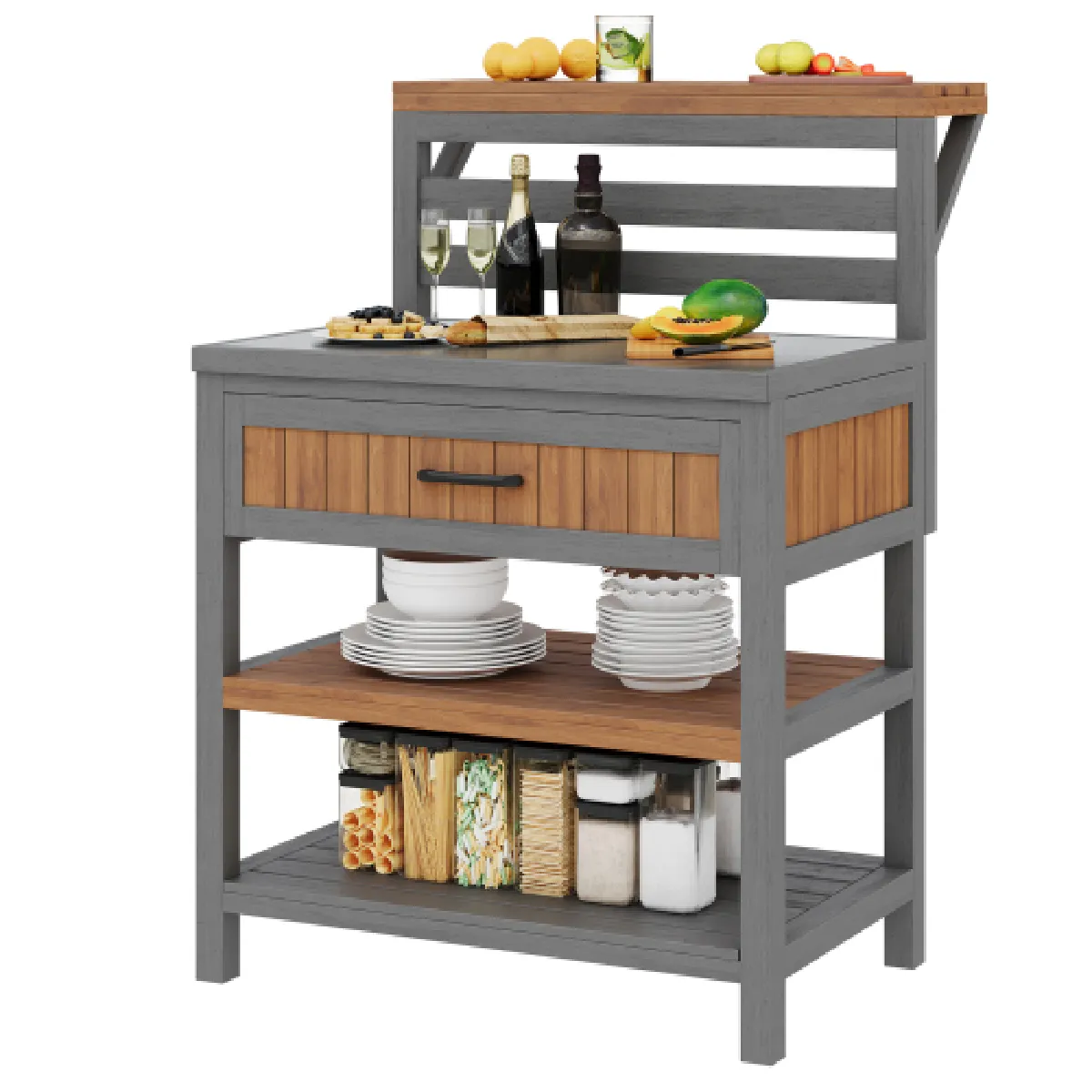 Meuble De Jardin meuble De Rangement Avec Plan De Travail En Inox en Bois Massif naturel - vue 2
