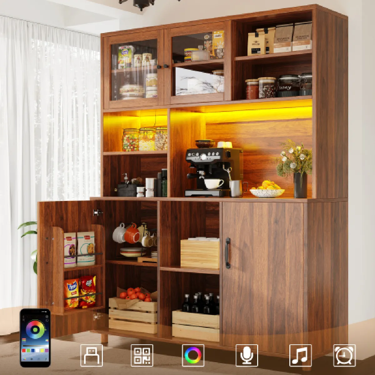 Buffet De Cuisine LED-armoire Haute-portes Coulissantes Verre-style Rétro-noyer