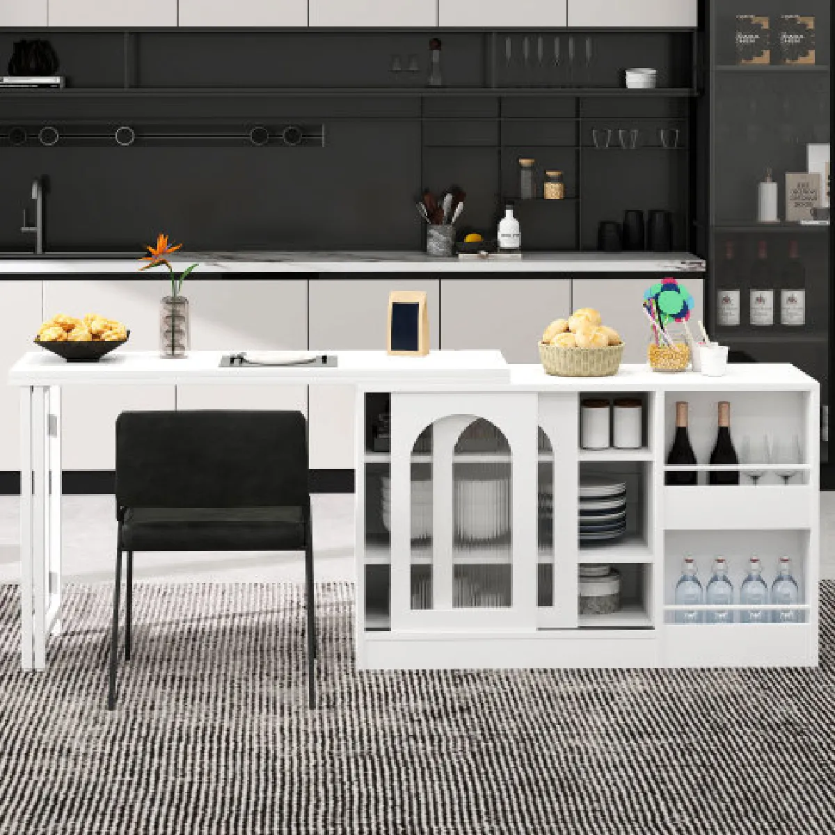 Table De Bar Extensible Rotative à 360° Avec Porte D'armoire En Verre