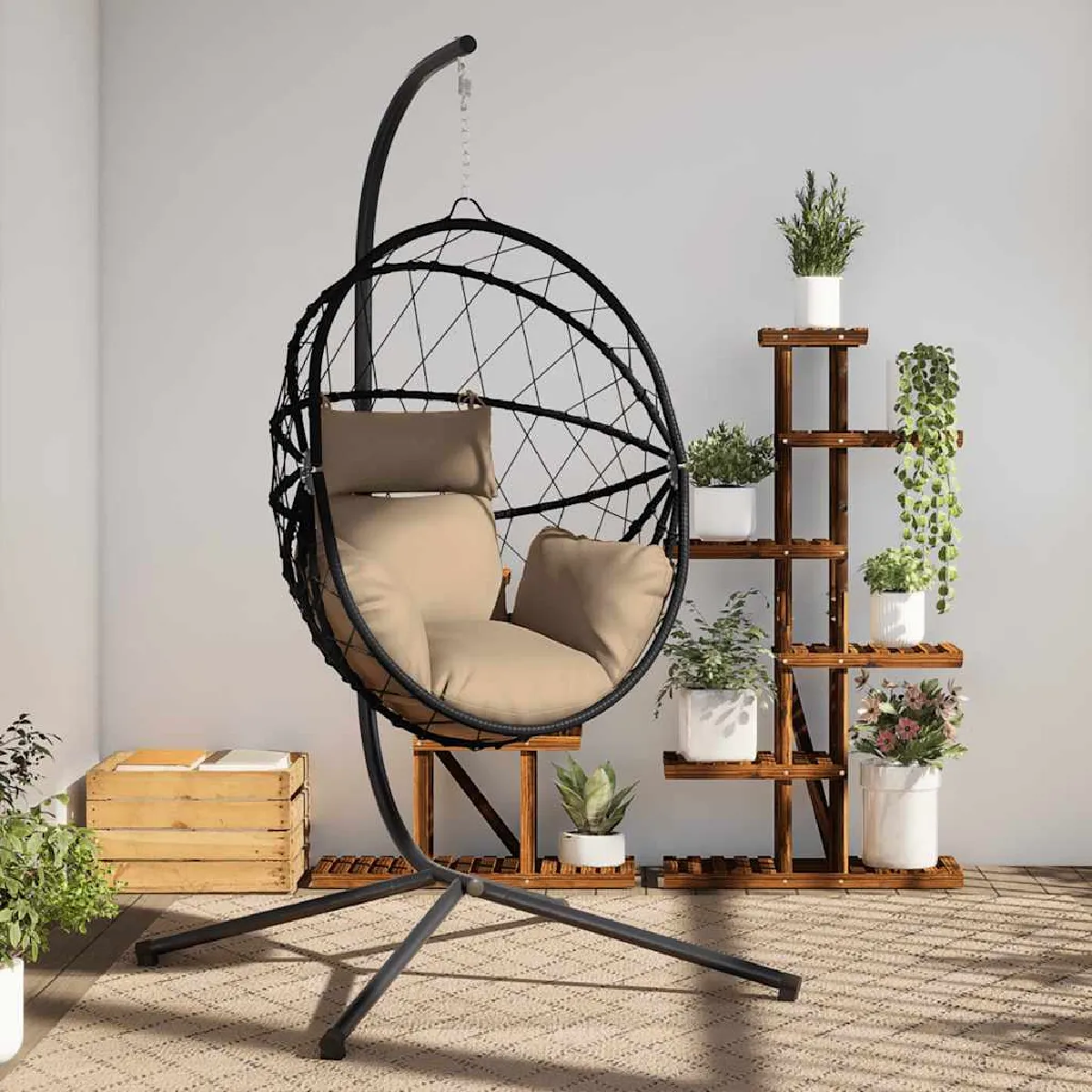 vidaXL Chaise suspendue en forme d'œuf et support rotin et acier