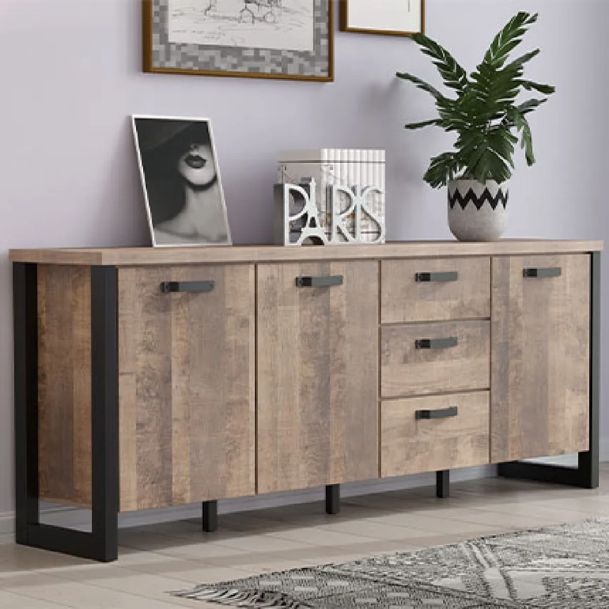Buffet EMILE - Mélamine chene brun tabac et noir mat - 3 Portes + 3 Tiroirs - L214 x P45 x H86 cm - TRENDTEAM