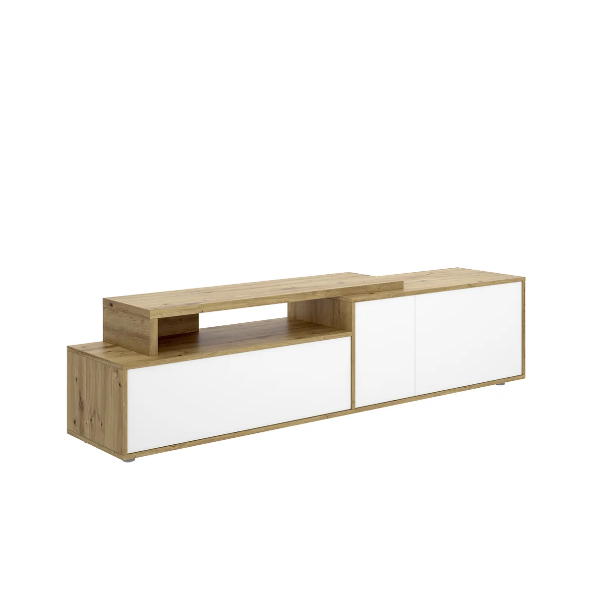 Meuble TV bas avec 3 portes et 1 étagère ouverte, coloris chêne sonoma/blanc