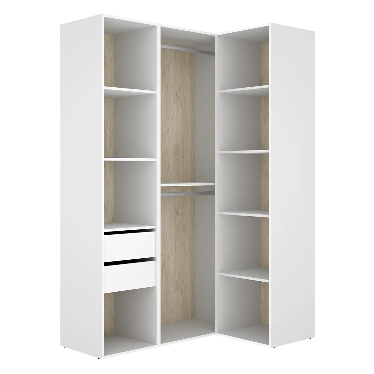 Armoire d'angle dressing ouverte avec penderie avec tringle, 9 étagères et 2 tiroirs
