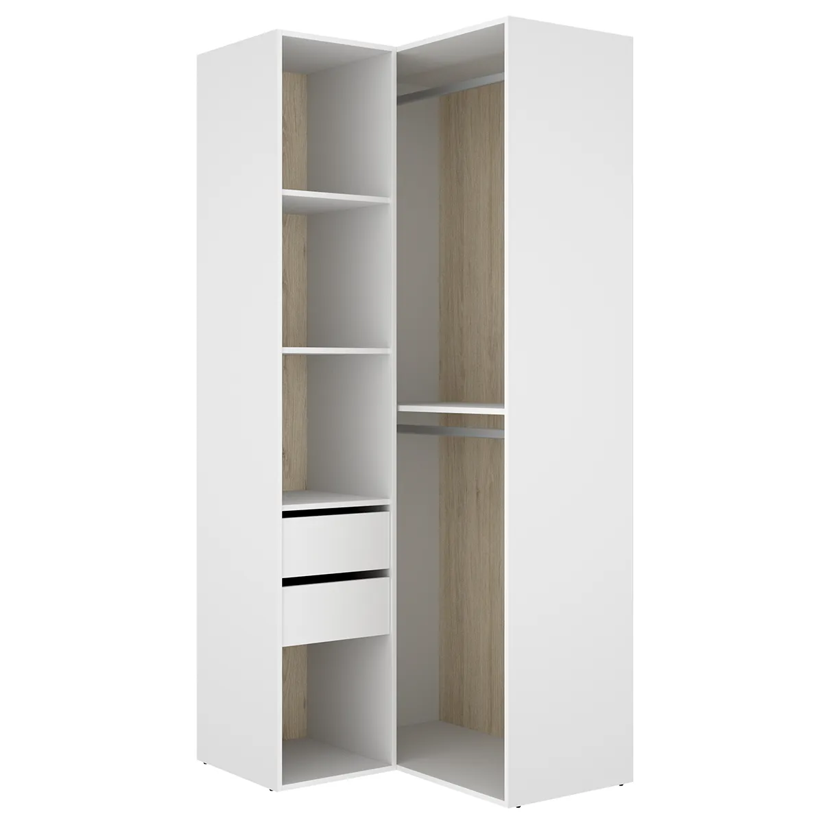 Armoire d'angle dressing ouverte avec penderie de 2 tringles, 4 étagères et 2 tiroirs