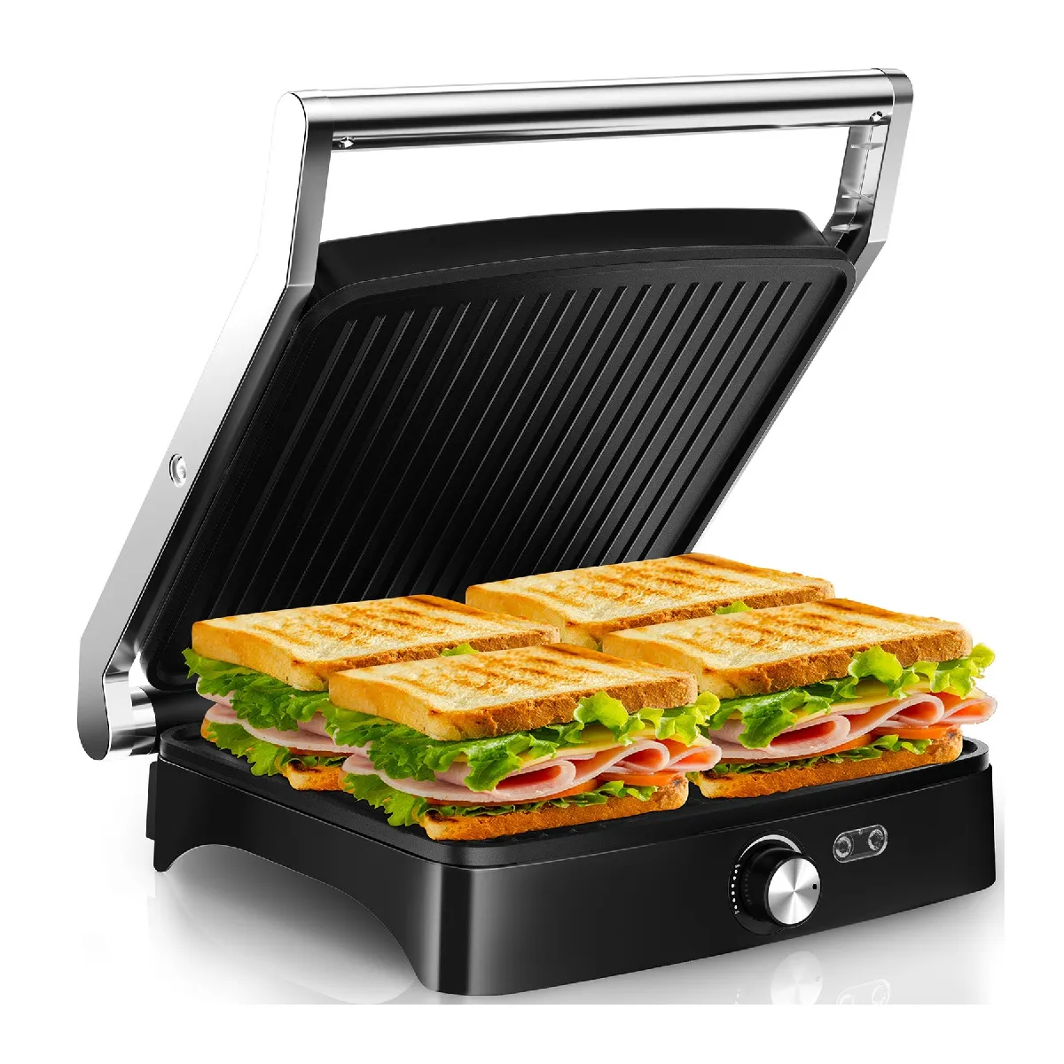YASHE Grille Panini Électrique – Appareil à Croque Monsieur 4 Tranches – Grill Électrique à Ouverture 180° – Température Réglable – Plaques Antiadhésives Amovibles – Nettoyage Facile