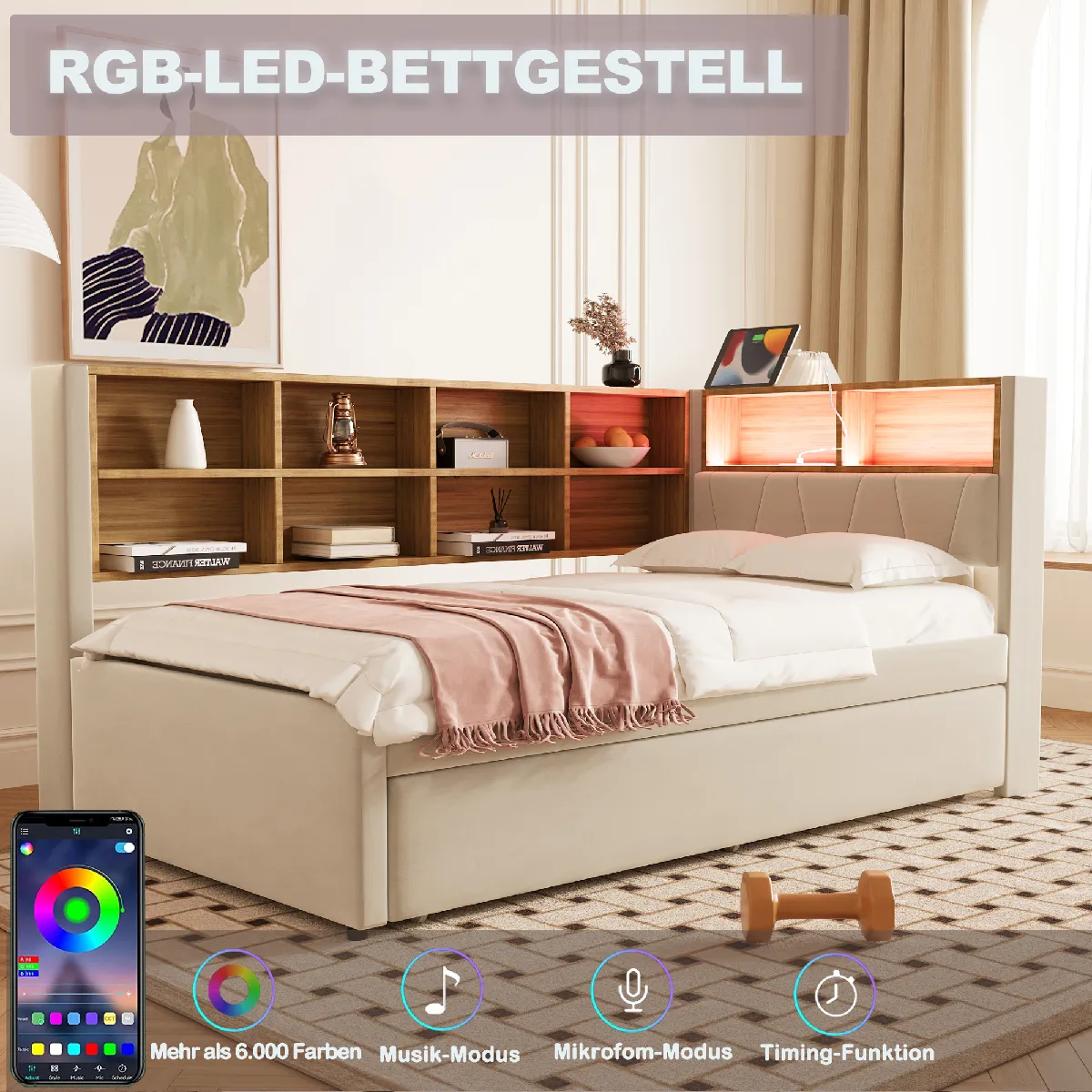 Lit Gigogne 90*200 équipé De Lumières LED lit Rembourré Canapé Convertible - vue 3