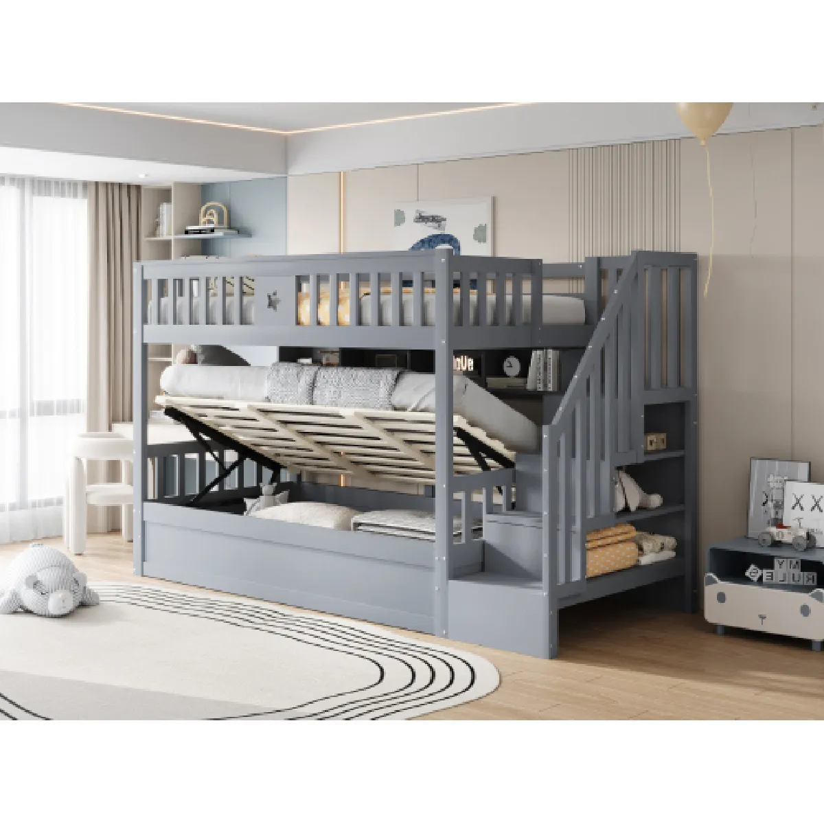 Lit Enfant 90x200 Cm lit Superposé Hydraulique escalier De Rangement en Bois