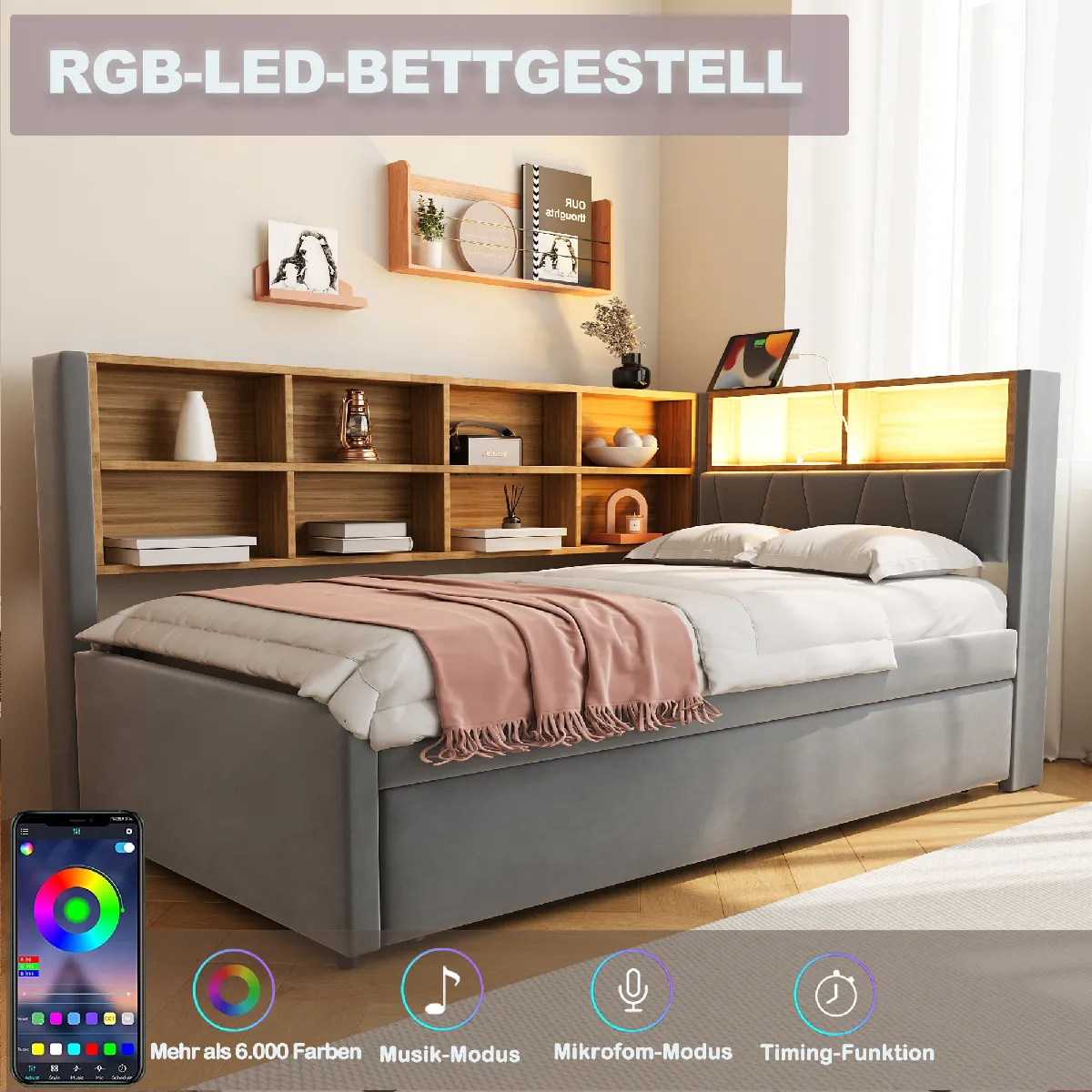 Lit Gigogne 90*200 équipé De Lumières LED lit Rembourré Canapé Convertible