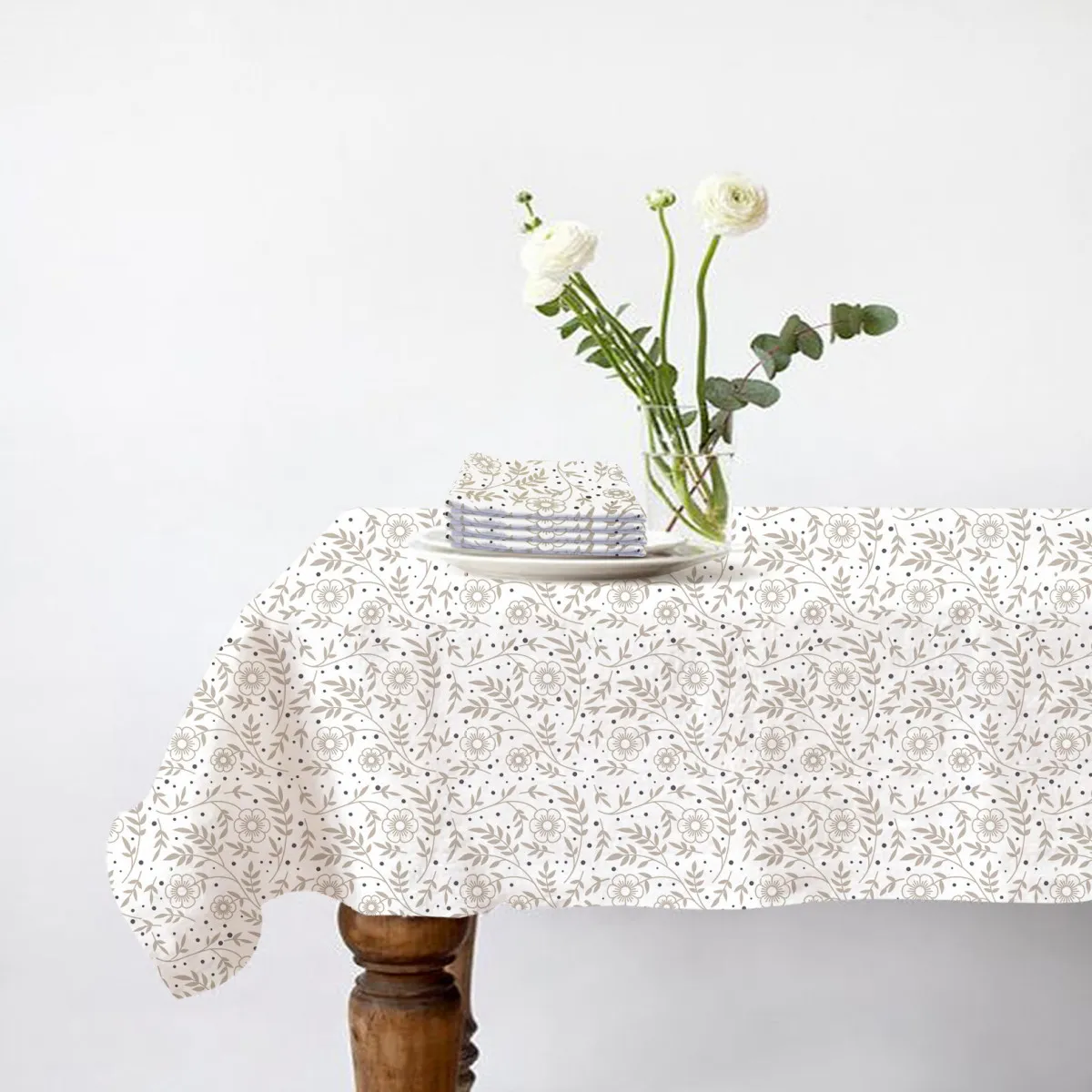 Lot nappe rectangle + 4 serviettes de table déperlante floral
