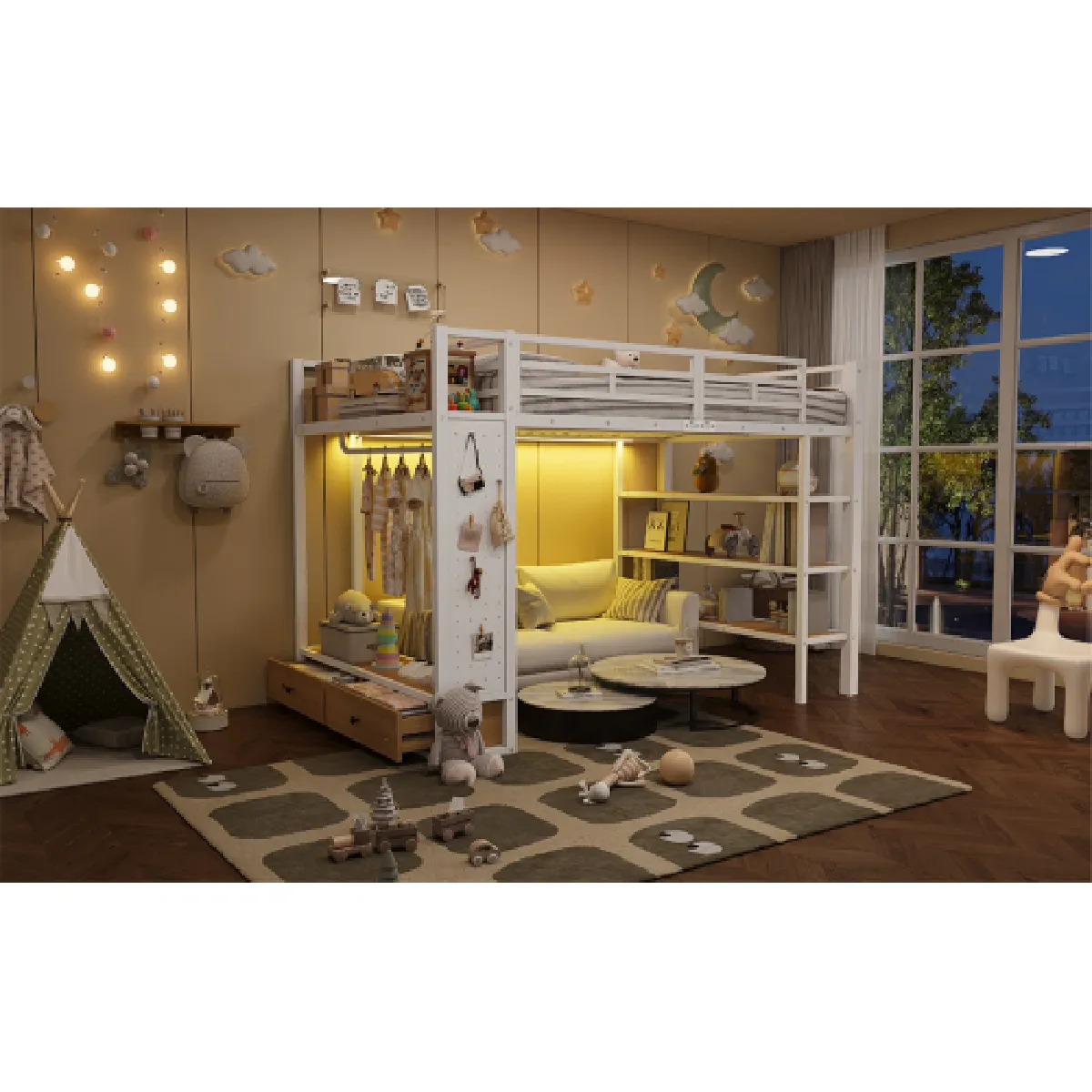 Lit 140x200cm lit Mezzanine LED Avec Penderie Ouverte en Métal - vue 2