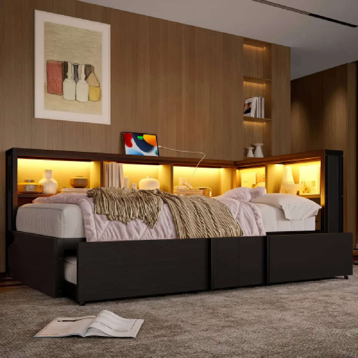 Canapé lit 90 X 200 Cm avec Lit Gigogne en Métal éclairage LED Et Ports USB - vue 2