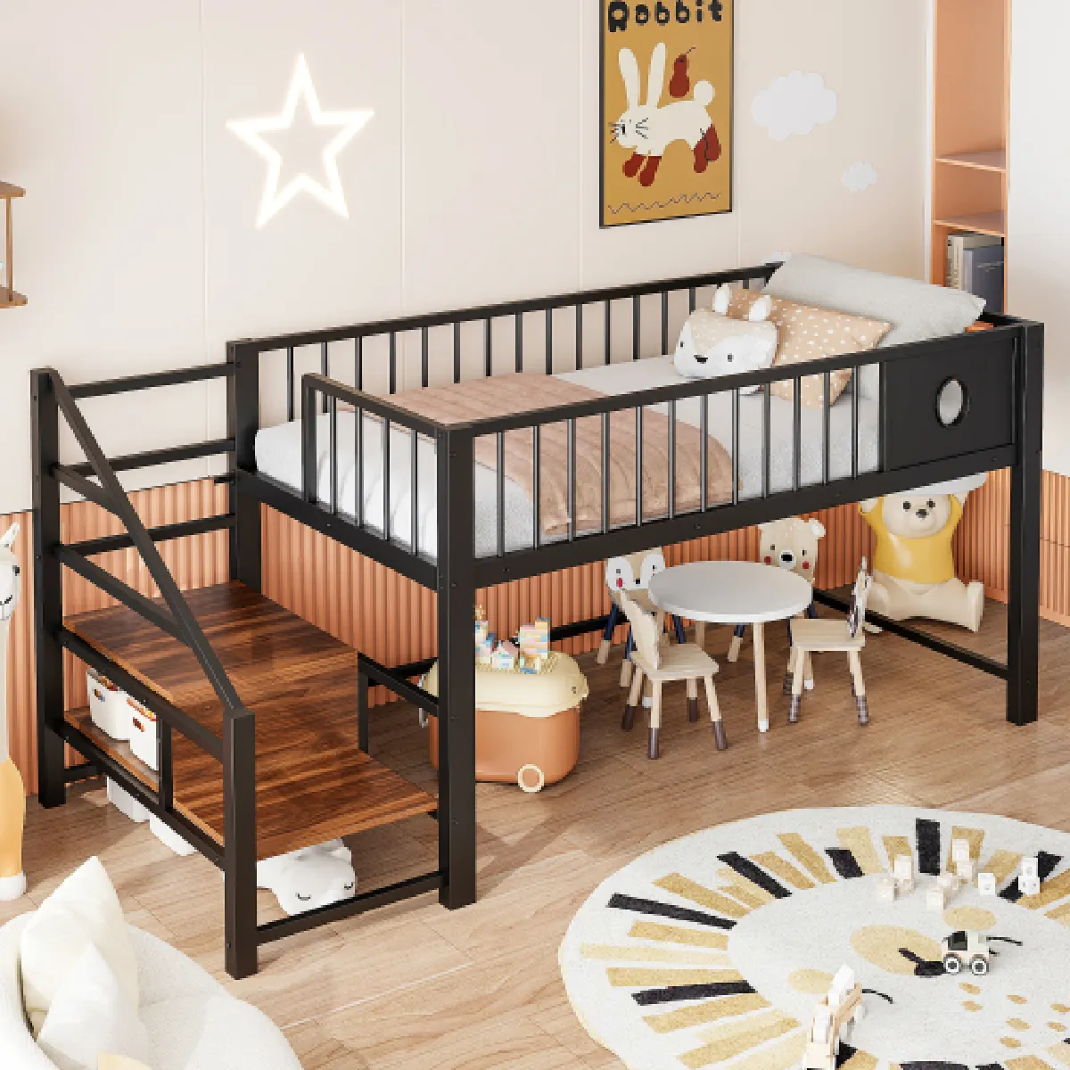 Lit 90x200 Cm lit Mezzanine lit Enfant avec Échelle De Rangement en Métal 120 Kg