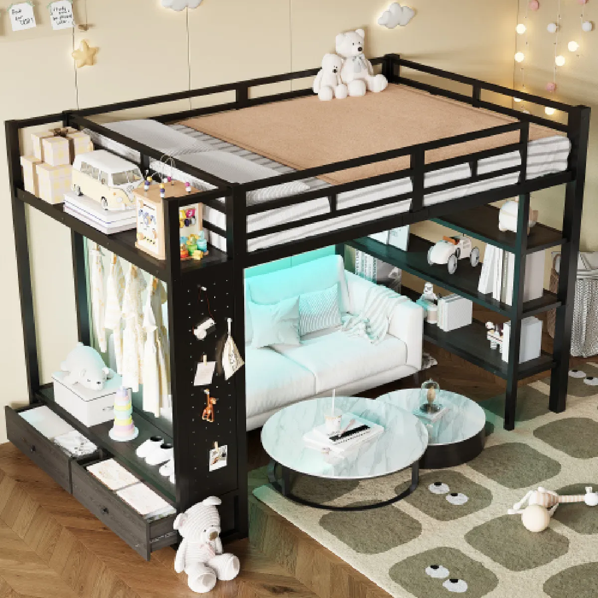 Lit 140x200cm lit Mezzanine LED Avec Penderie Ouverte en Métal