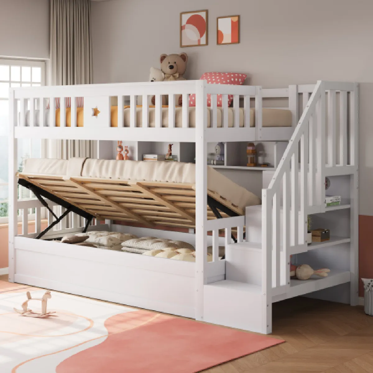 Lit Enfant 90x200 Cm lit Superposé Hydraulique escalier De Rangement en Bois - vue 2