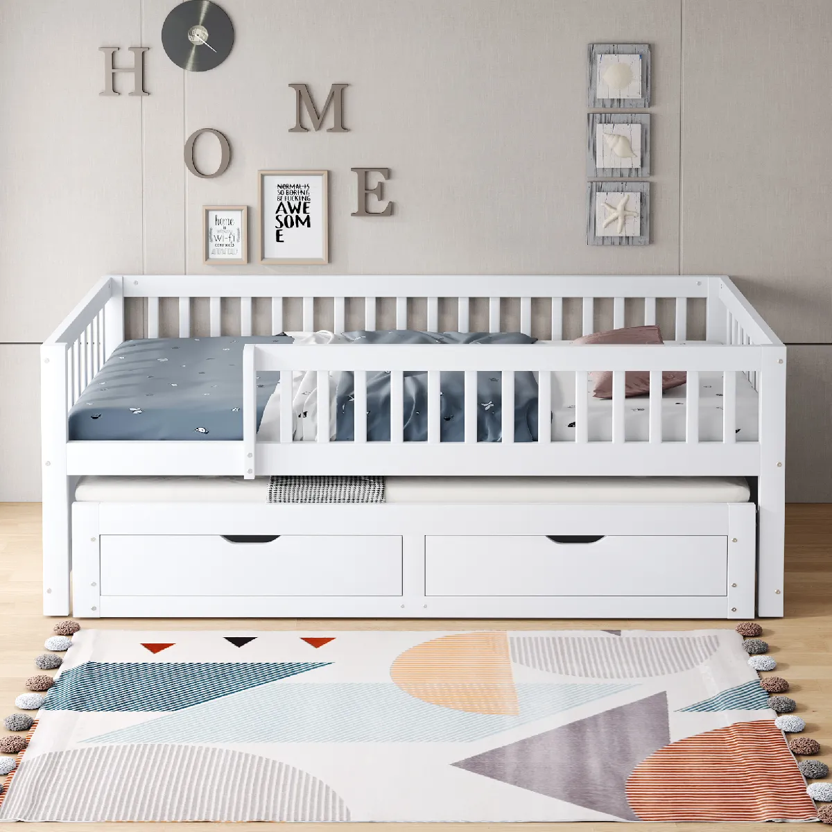 Lit Gigogne 90 X 200cm en Bois Massif lit Enfant Avec Barrière De Sécurité