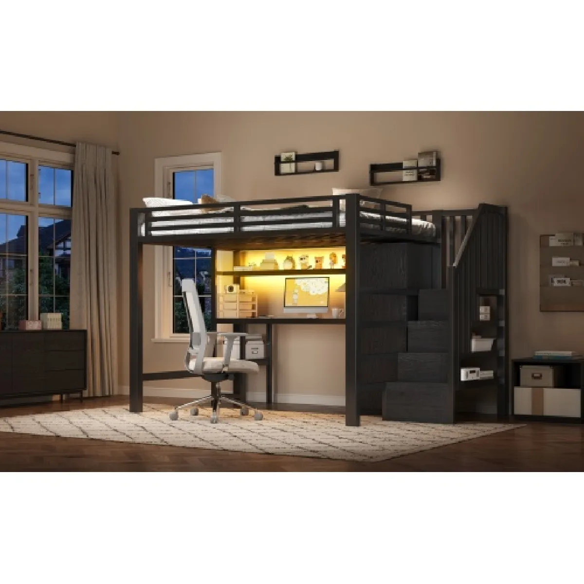 Lit 140x200cm lit Mezzanine En Métal avec Bureau Étagère Armoire - vue 2