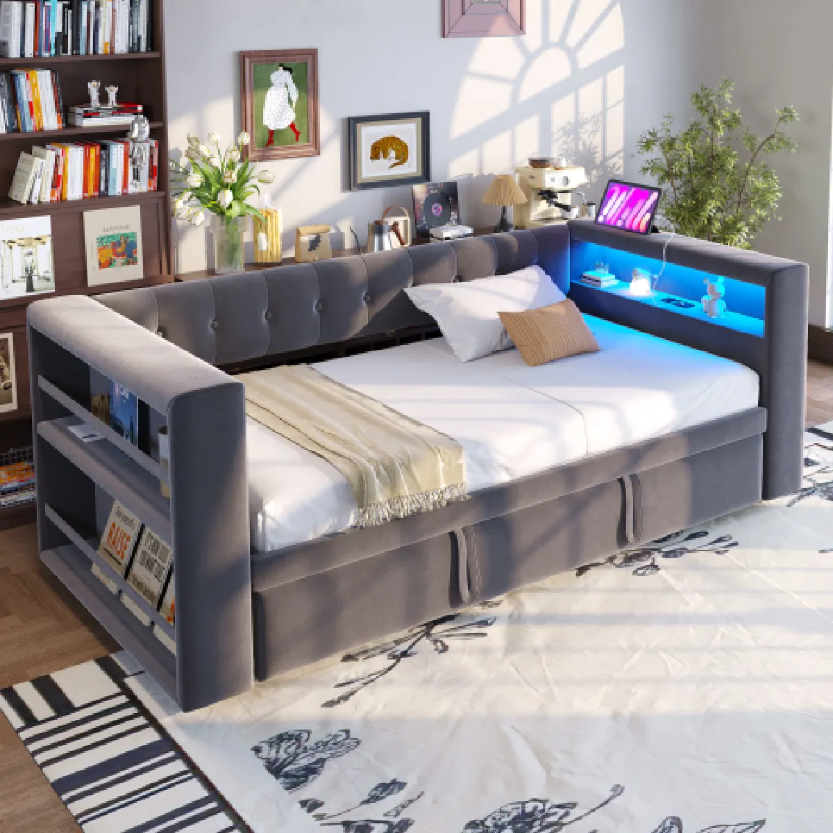 Lit Rembourré 90180×190 Cm avec Éclairage LED prises De Courant - vue 2