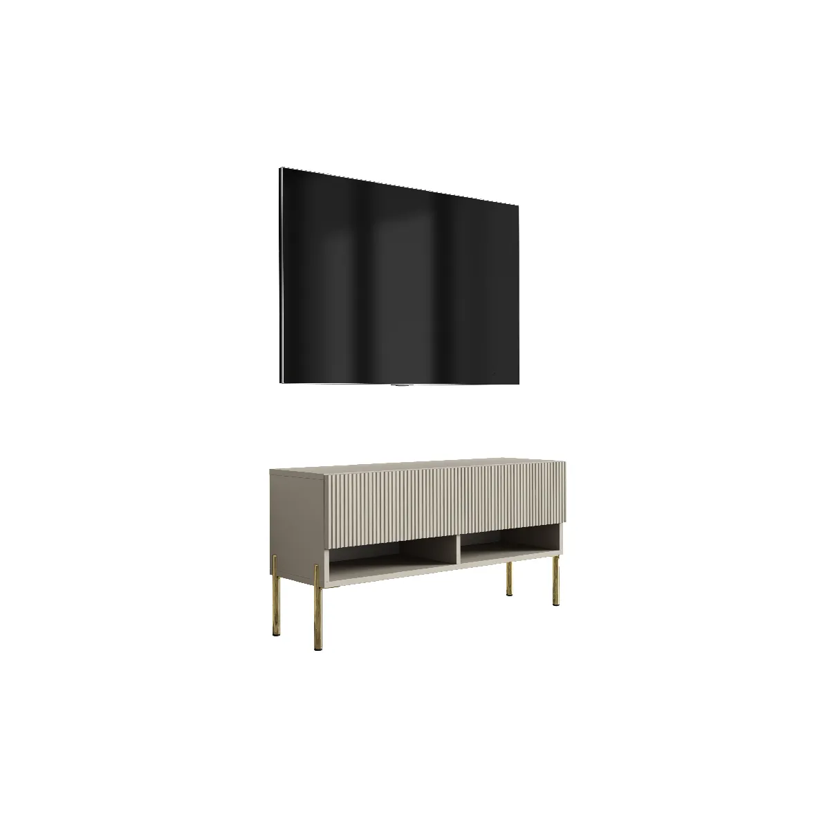 Meuble TV avec façade rainurée, Cachemire, pieds droits dorés, 100 × 32 × 52 cm